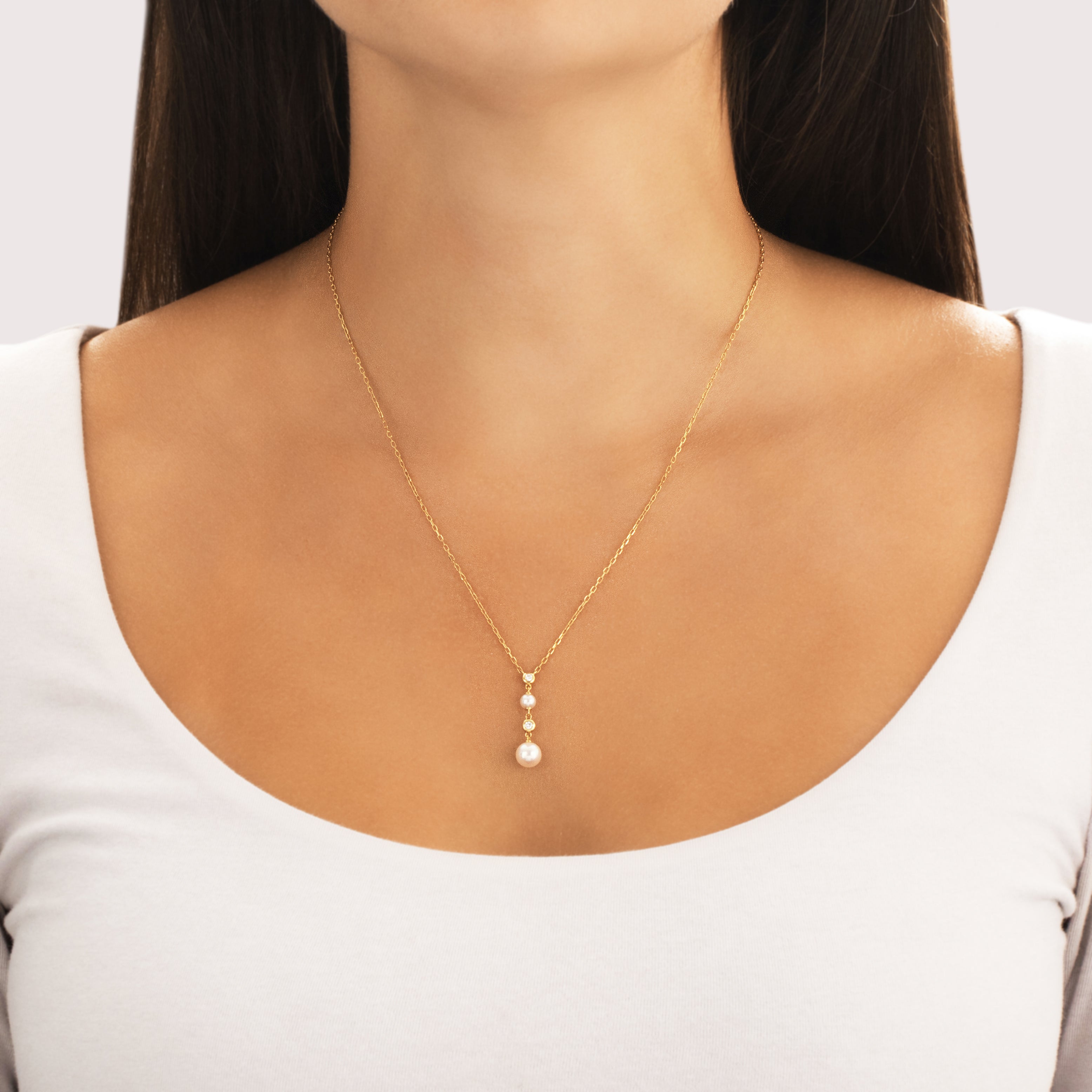 Vintage Mikimoto 18k Yellow Gold Pearl Diamond Stunning Drop Dangle Adjustable Necklace - On model view