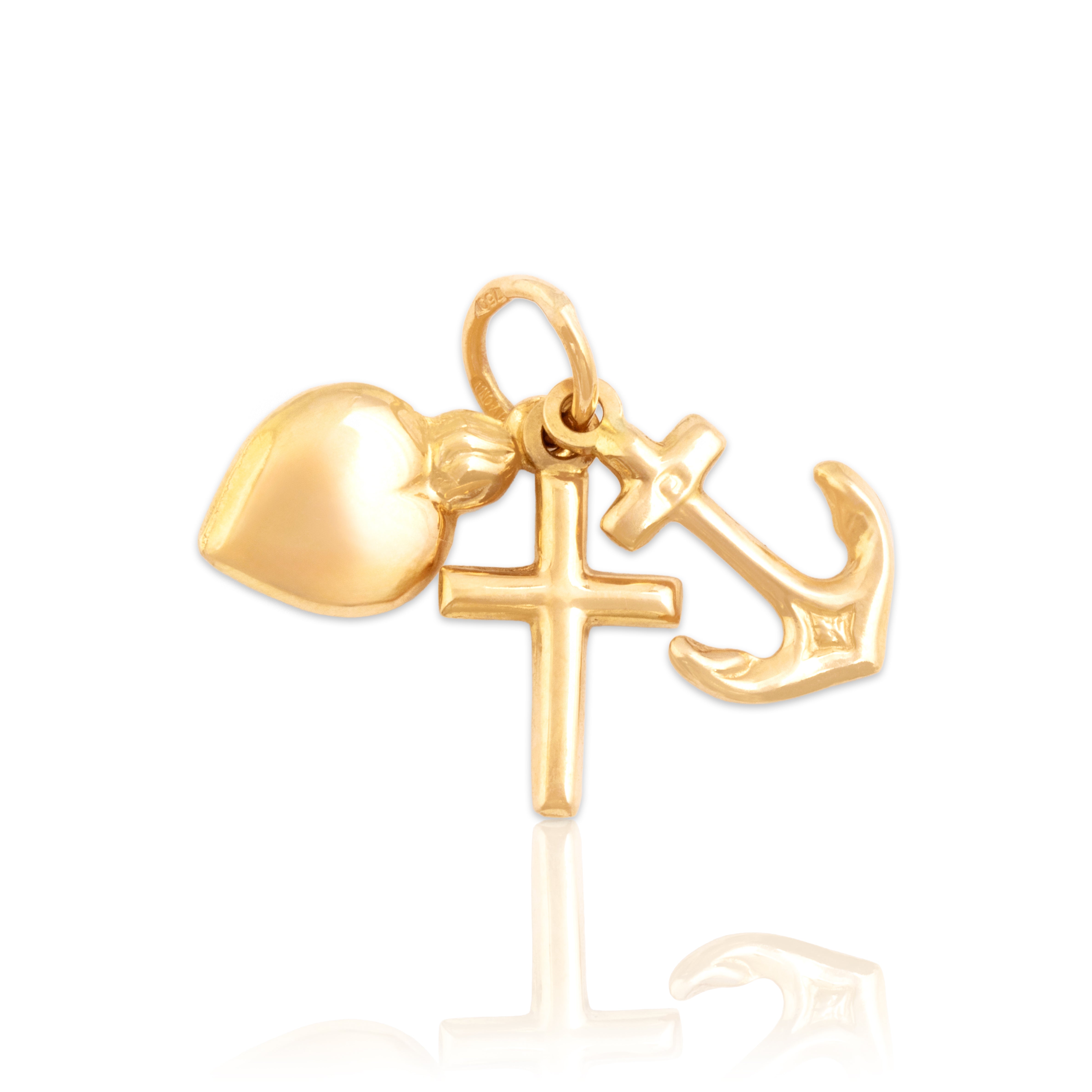 Estate Italian 18k Yellow Gold Anchor Cross Heart Dangle Charm / Pendant - Close-up view
