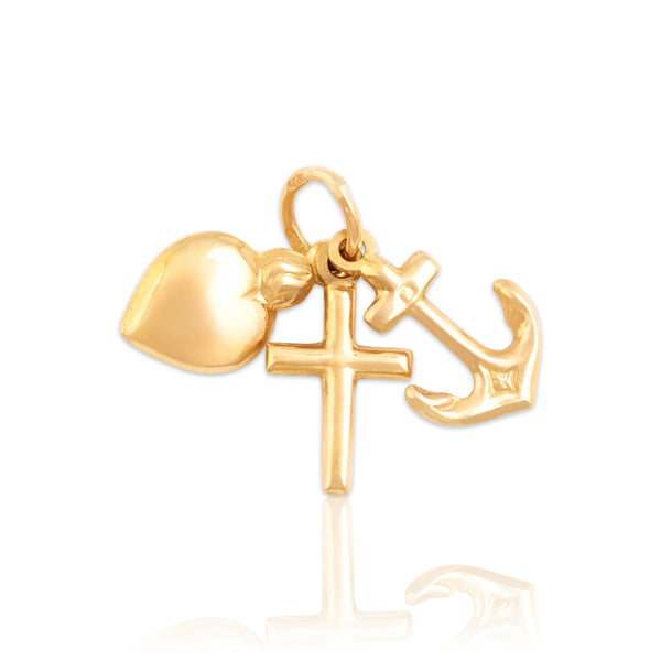 Estate Italian 18k Yellow Gold Anchor Cross Heart Dangle Charm / Pendant