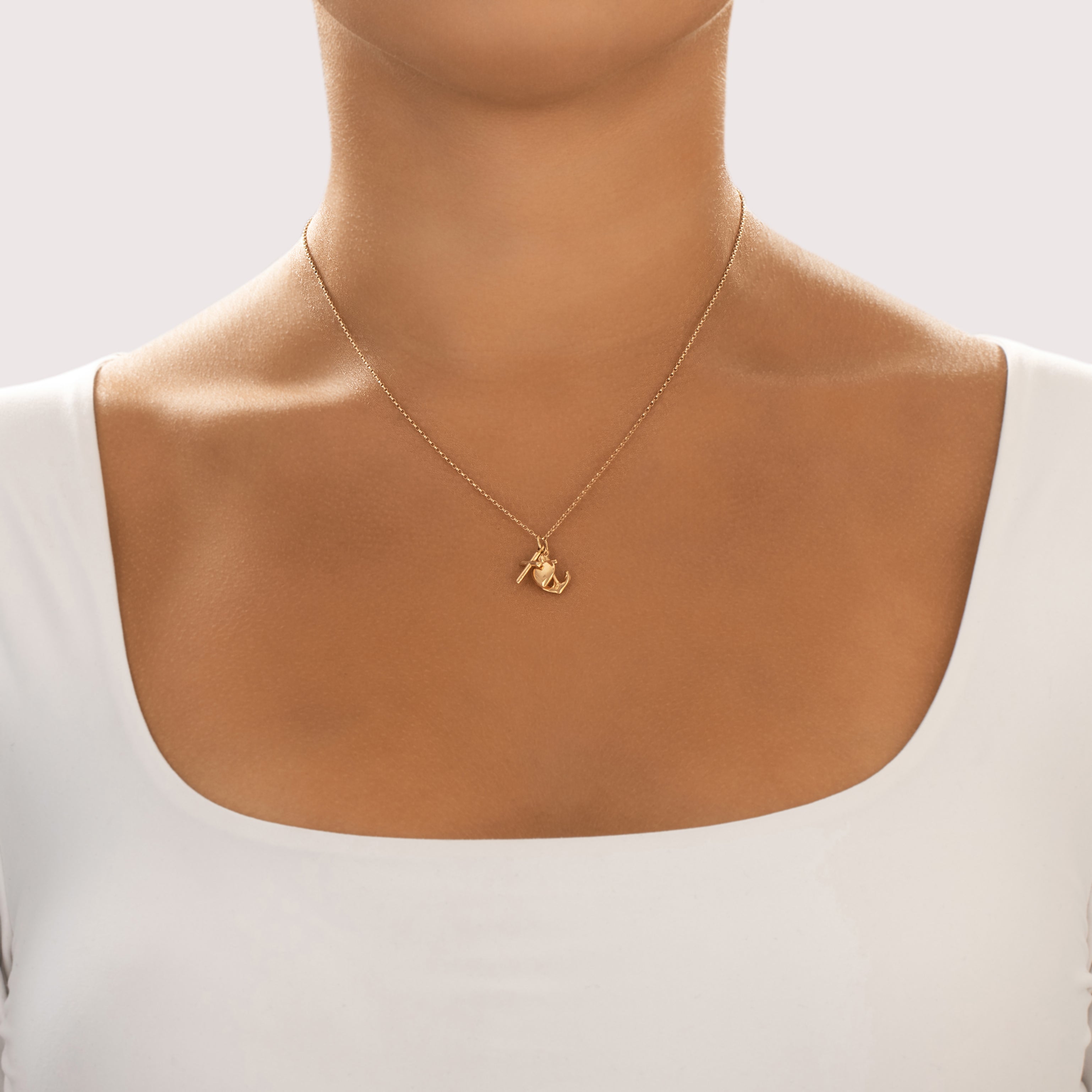 Estate Italian 18k Yellow Gold Anchor Cross Heart Dangle Charm / Pendant - On model view