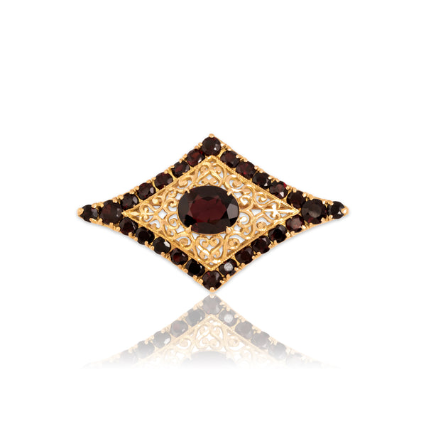 Vintage 18k Yellow Gold 6.12cttw Red Garnet Ornate Openwork Filigree Brooch / Pin