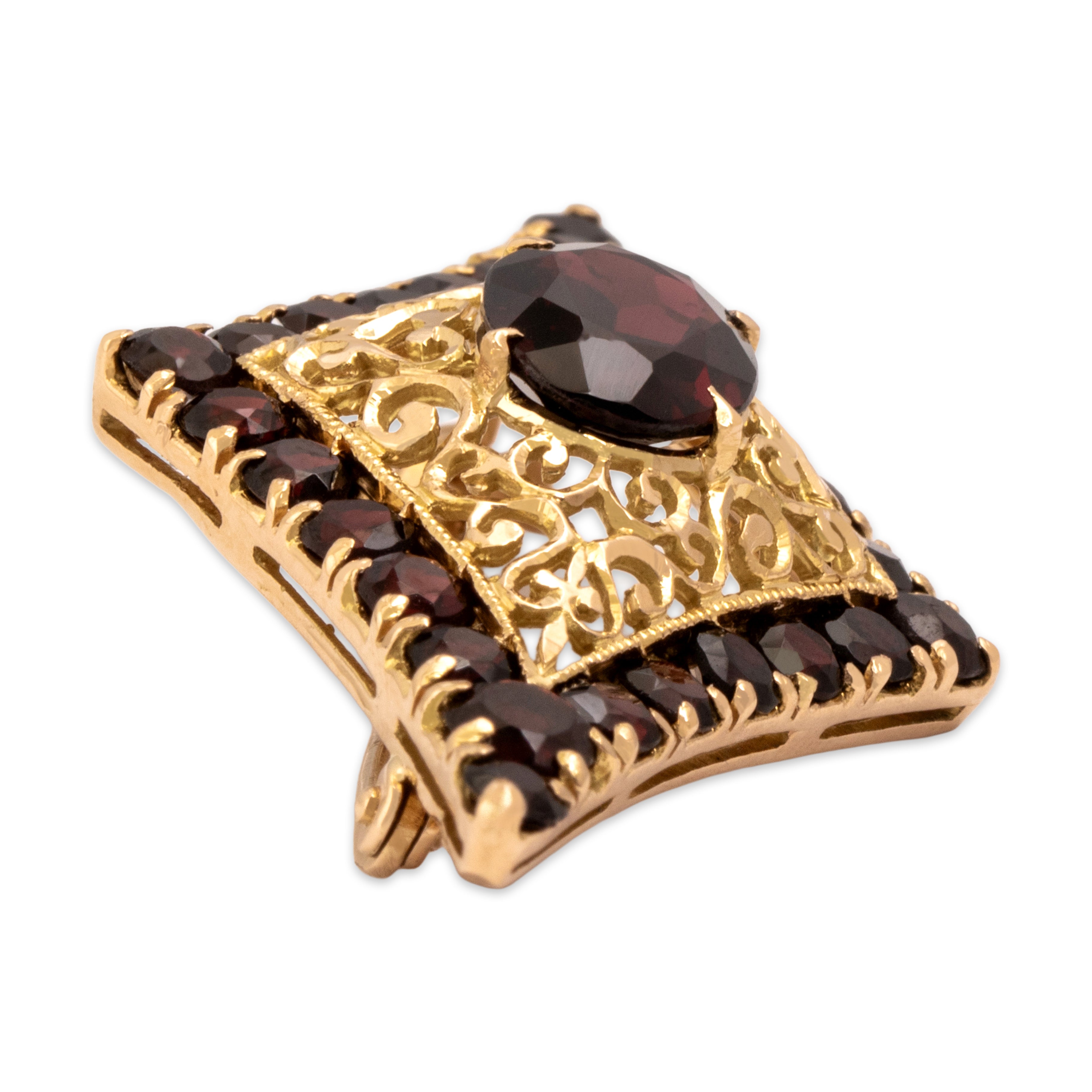 Vintage 18k Yellow Gold 6.12cttw Red Garnet Ornate Openwork Filigree Brooch / Pin - Side view