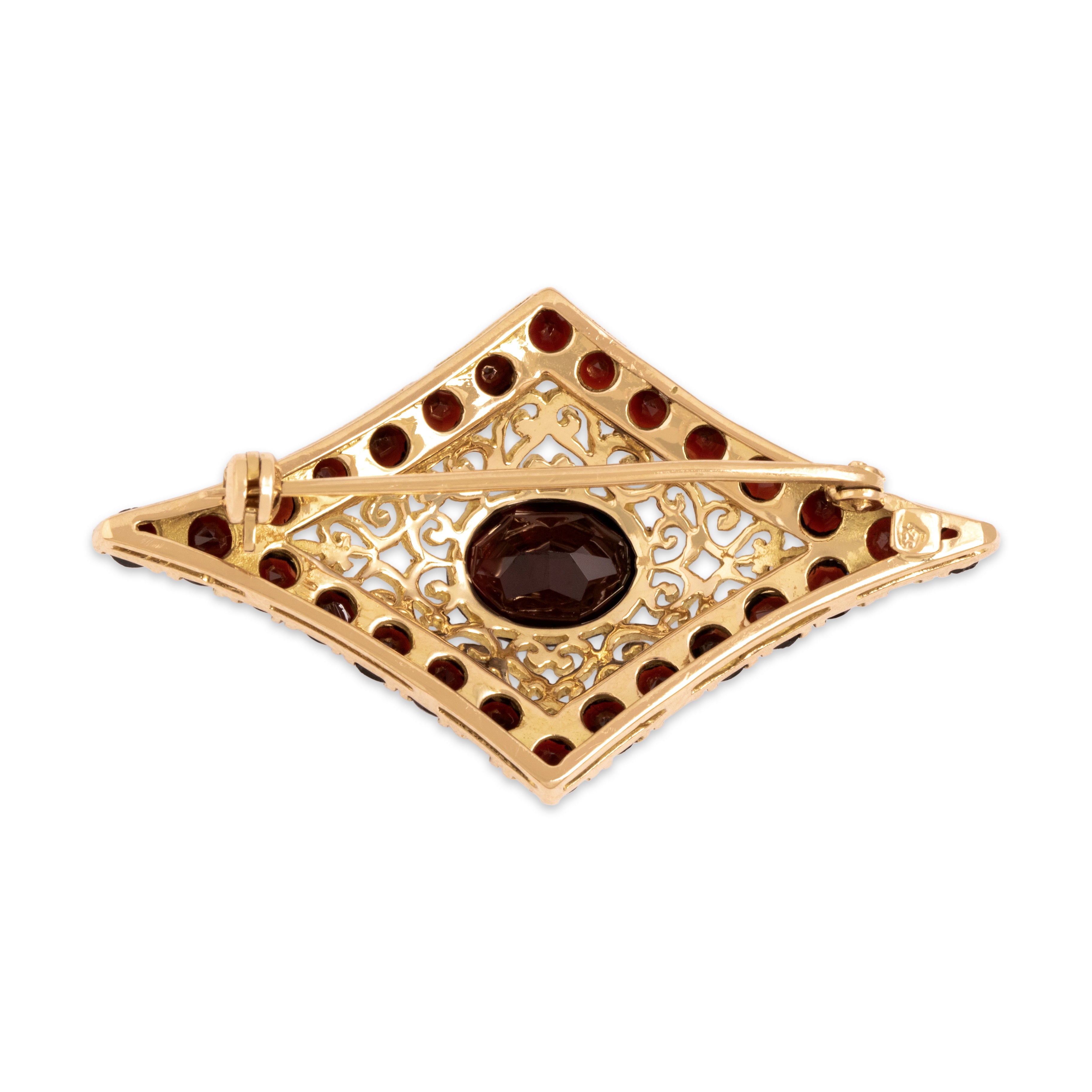 Vintage 18k Yellow Gold 6.12cttw Red Garnet Ornate Openwork Filigree Brooch / Pin - Back view