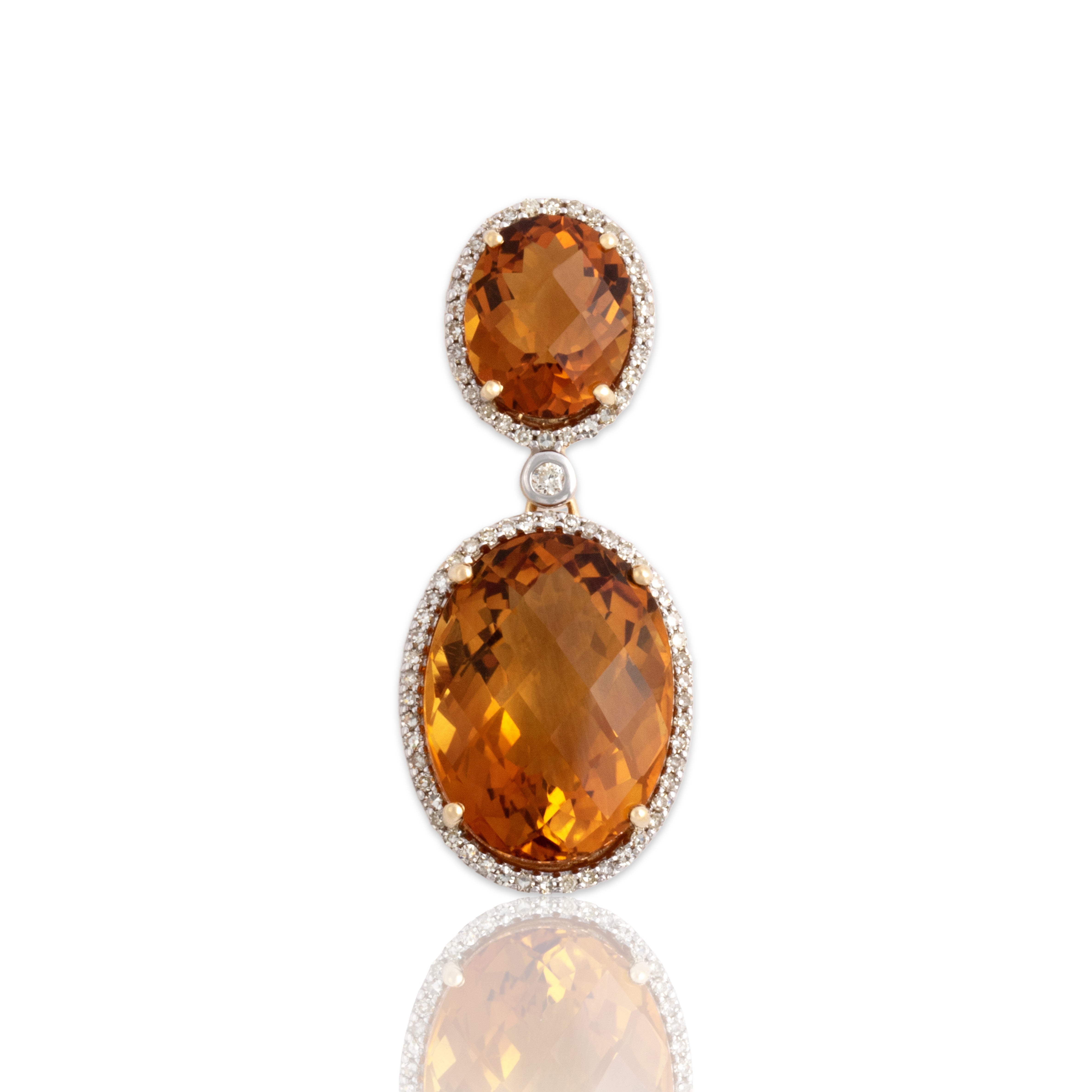 Estate Large 14k Yellow Gold 10.8cttw Madeira Citrine Diamond Dazzling Duo Checkerboard Halo Dangle Pendant - Close-up view