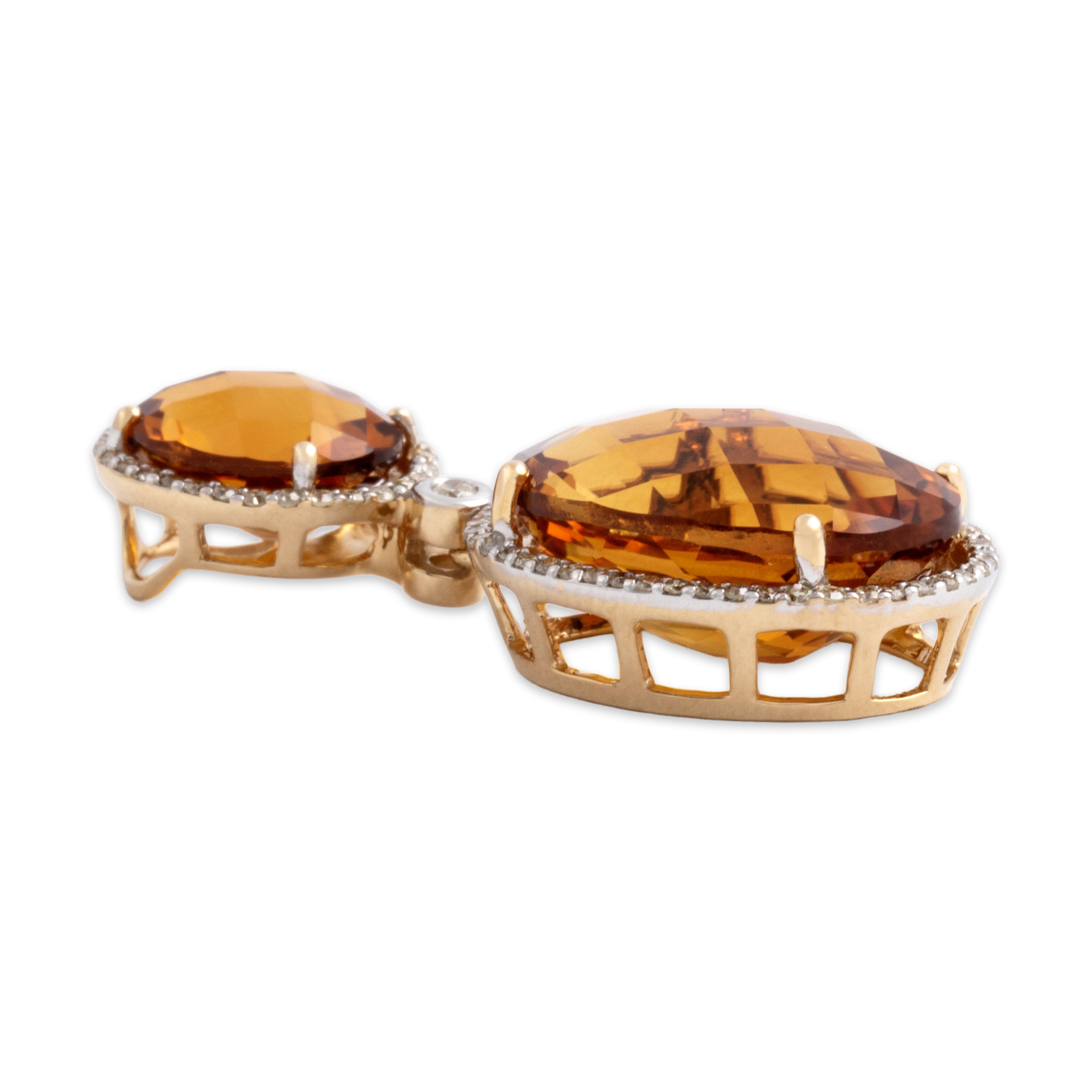Estate Large 14k Yellow Gold 10.8cttw Madeira Citrine Diamond Dazzling Duo Checkerboard Halo Dangle Pendant - Side view