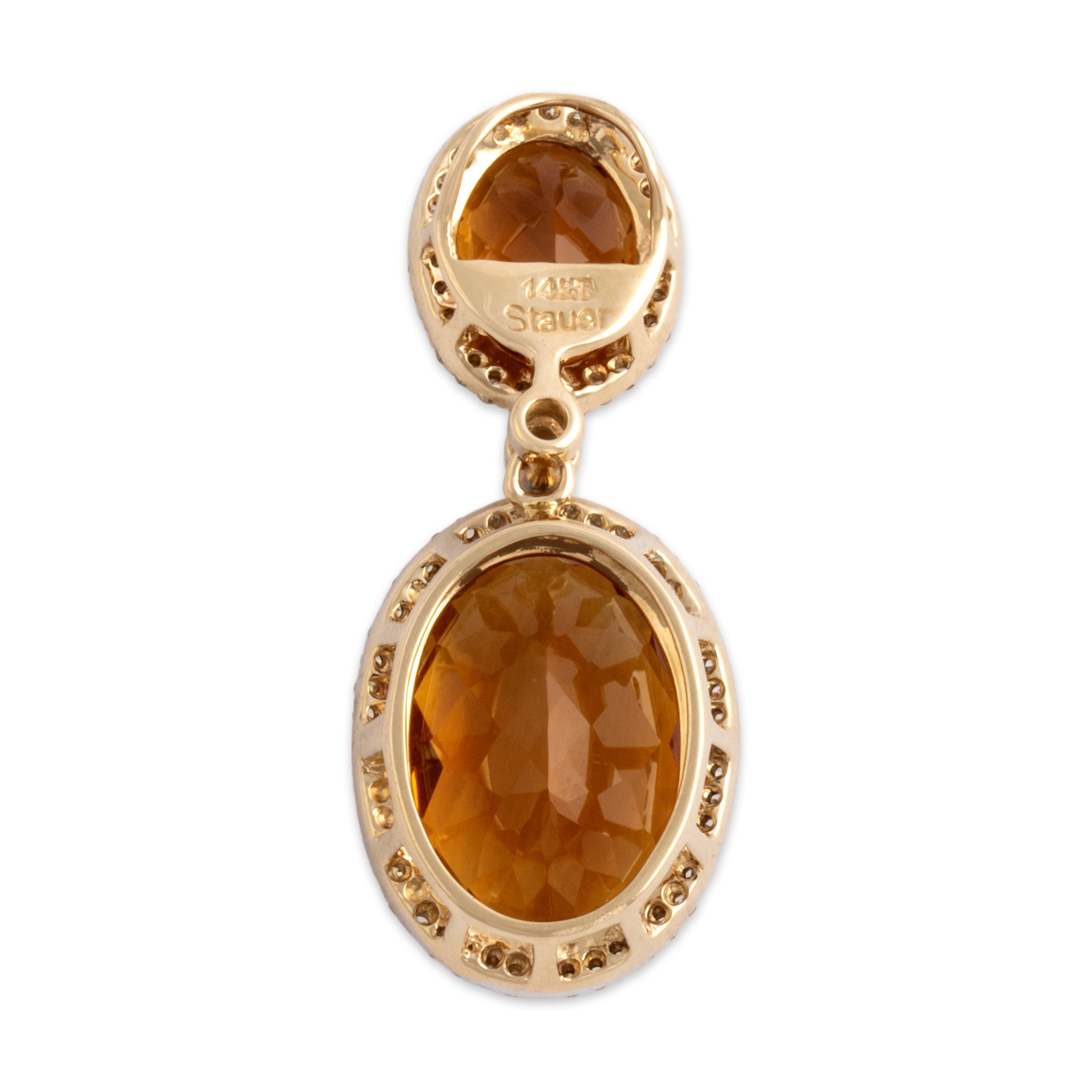 Estate Large 14k Yellow Gold 10.8cttw Madeira Citrine Diamond Dazzling Duo Checkerboard Halo Dangle Pendant - Back view