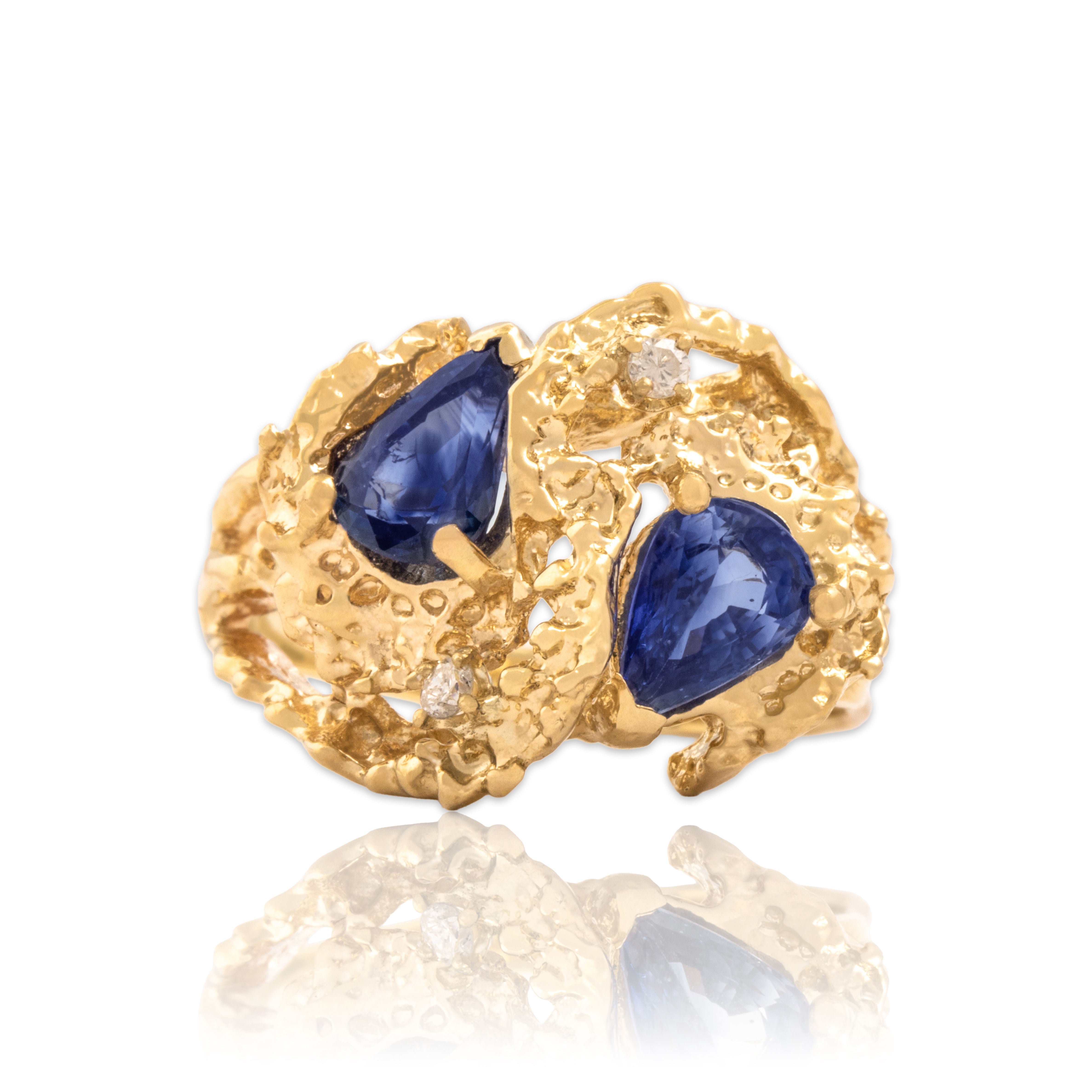 Vintage 14k Yellow Gold 1.66cttw Blue Sapphire Diamond Brutalist Pear Ring 7.25