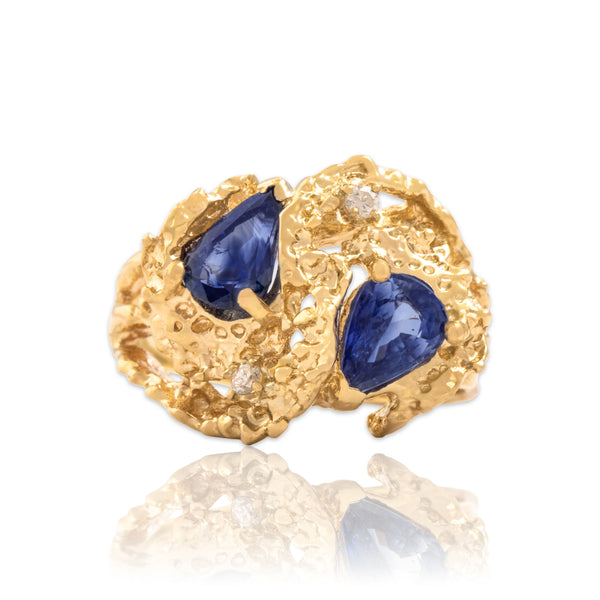 Vintage 14k Yellow Gold 1.66cttw Blue Sapphire Diamond Brutalist Pear Ring 7.25