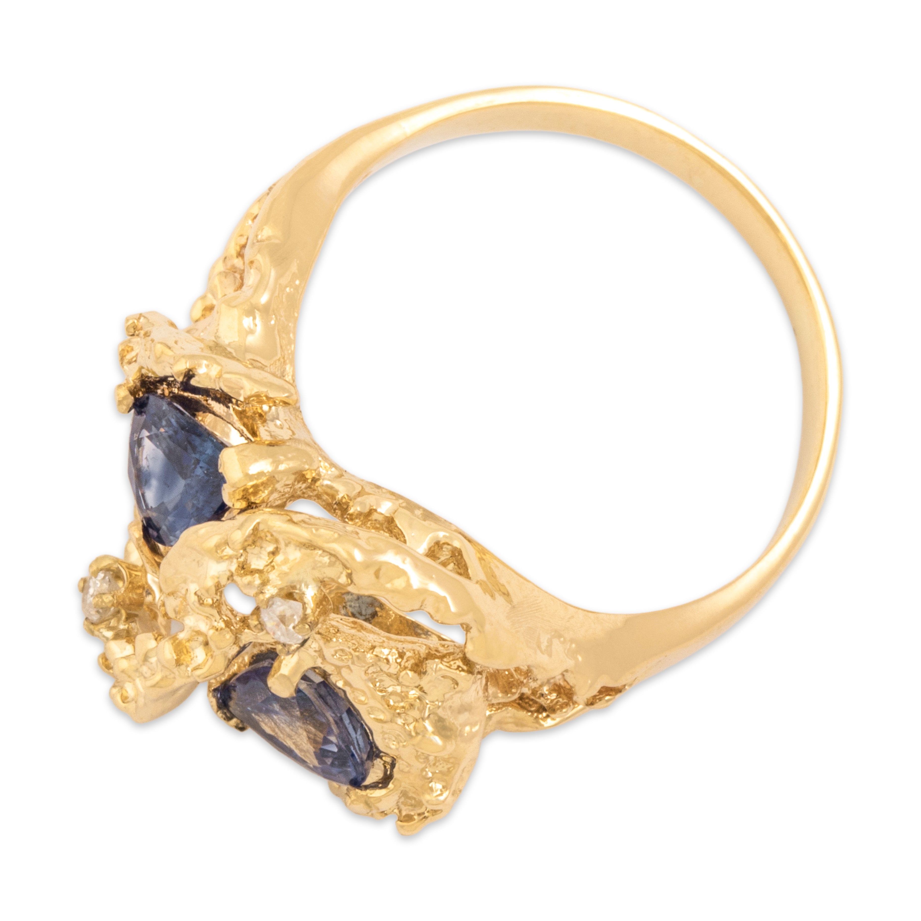 Vintage 14k Yellow Gold 1.66cttw Blue Sapphire Diamond Brutalist Pear Ring 7.25