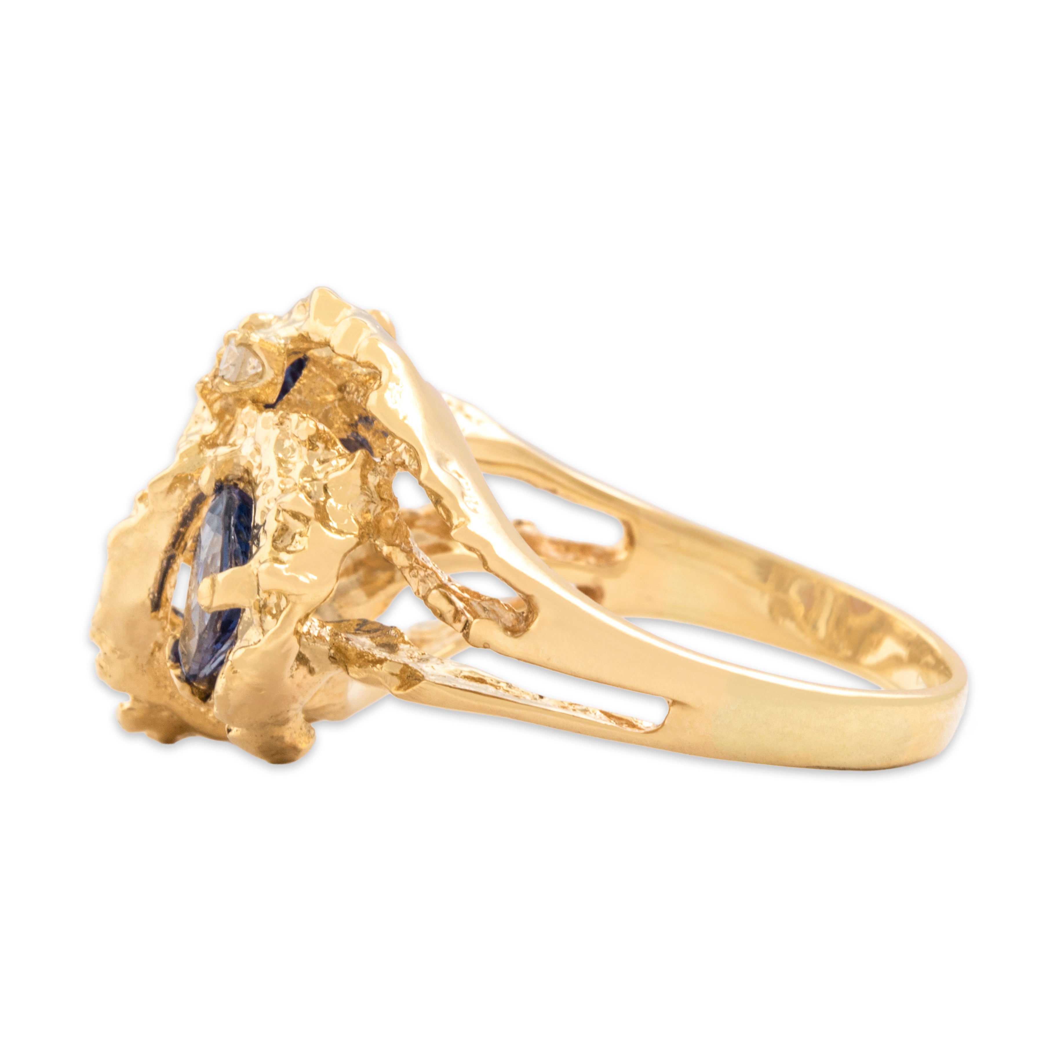 Vintage 14k Yellow Gold 1.66cttw Blue Sapphire Diamond Brutalist Pear Ring 7.25