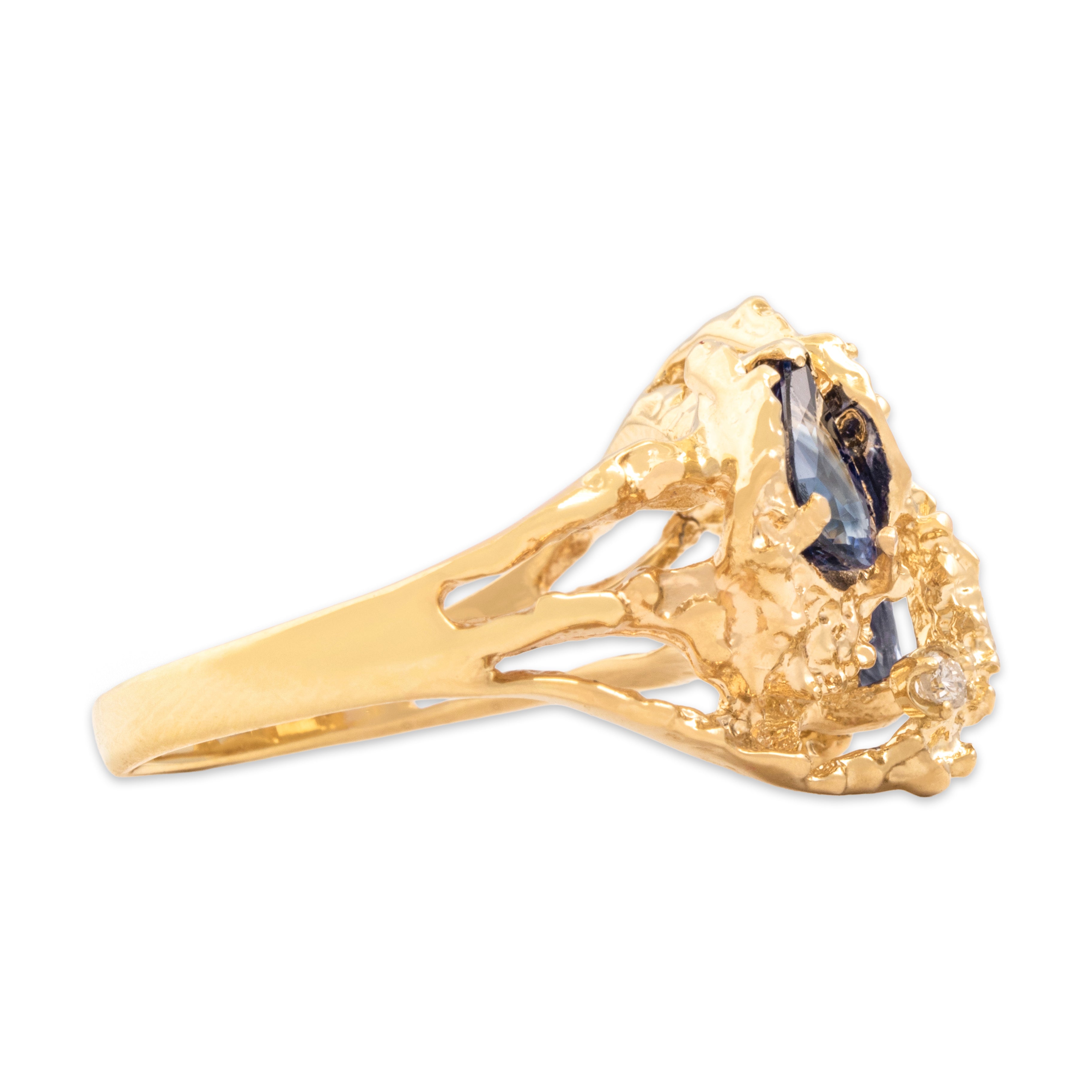 Vintage 14k Yellow Gold 1.66cttw Blue Sapphire Diamond Brutalist Pear Ring 7.25