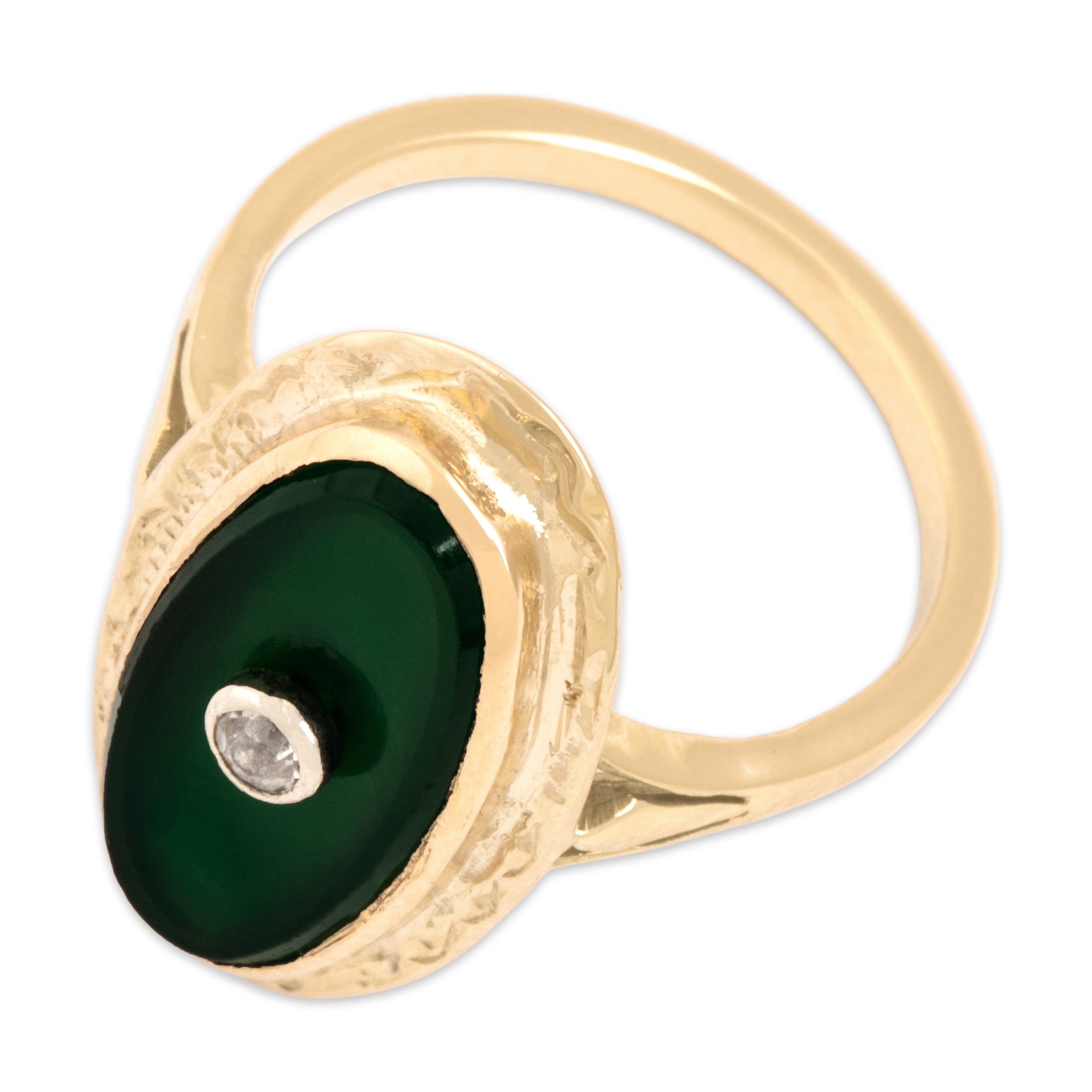 Vintage 14k Yellow & White Gold White Sapphire Green Chalcedony Engraved Ring 6.00