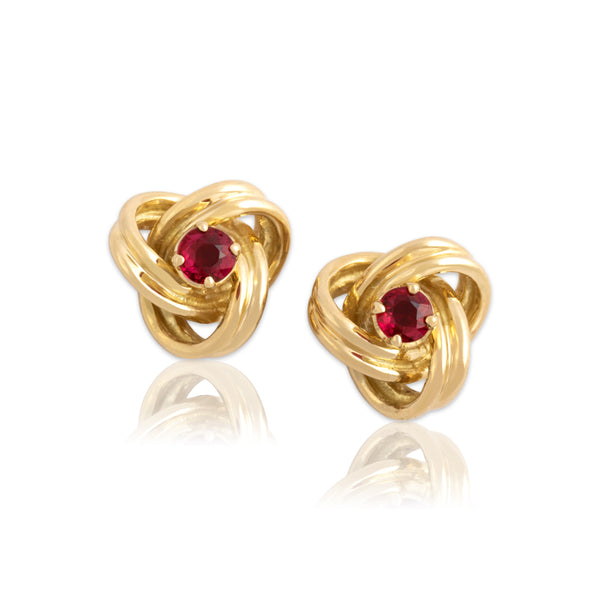 Vintage 18k Yellow Gold Ruby Gleaming Trinity Knot Stud Earrings