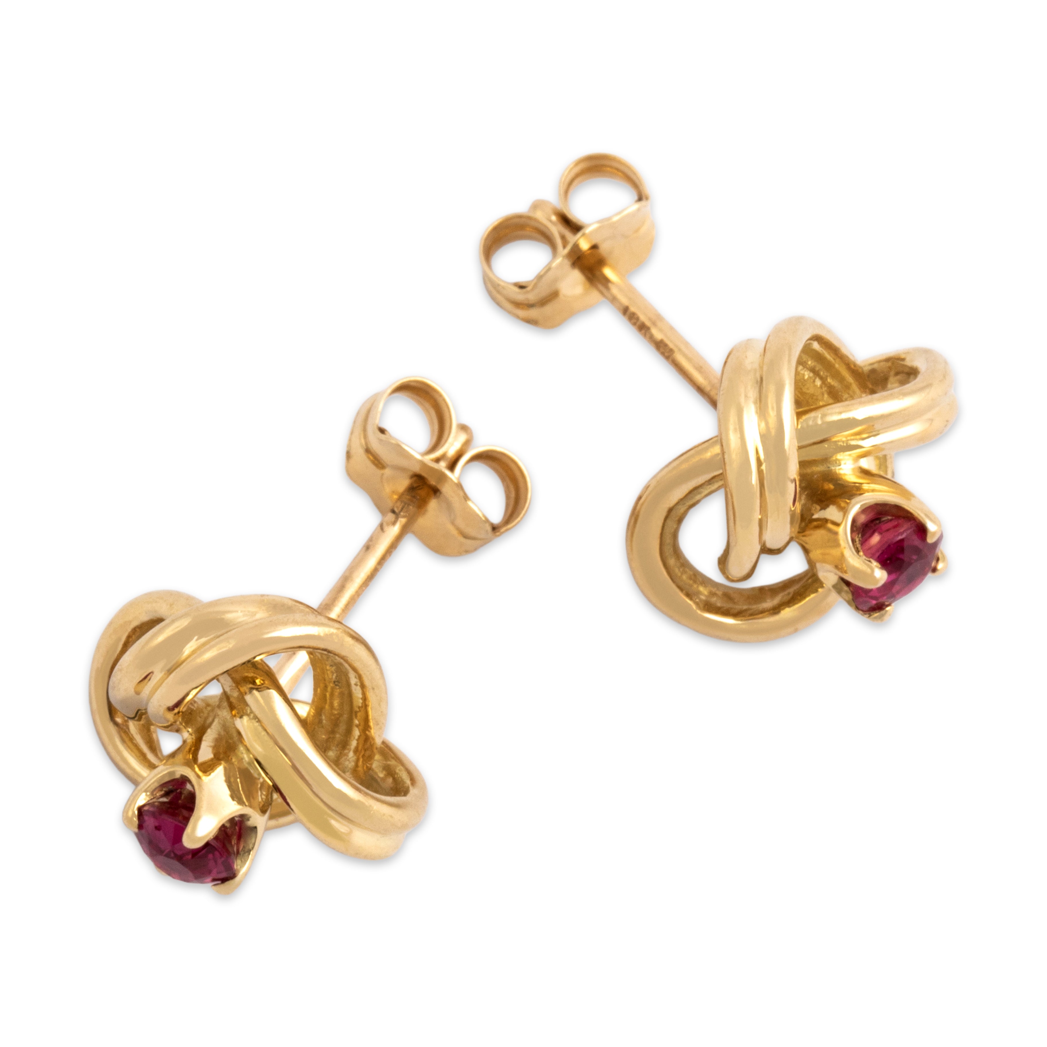 Vintage 18k Yellow Gold Ruby Gleaming Trinity Knot Stud Earrings - Overall view
