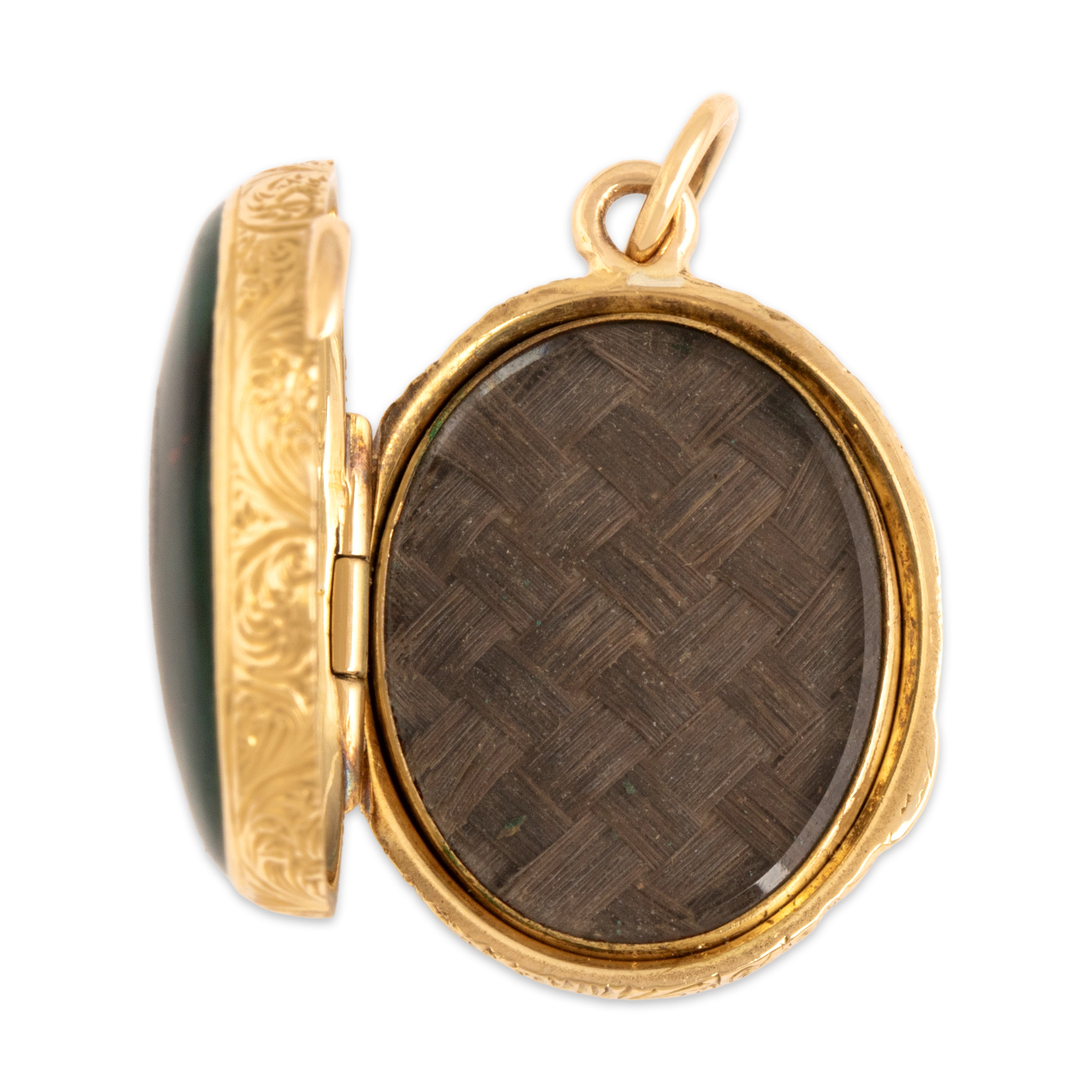 Antique Victorian 18k Yellow Gold 8.67cttw Bloodstone Striking Ornate Woven Hair Locket Pendant - detail view #3