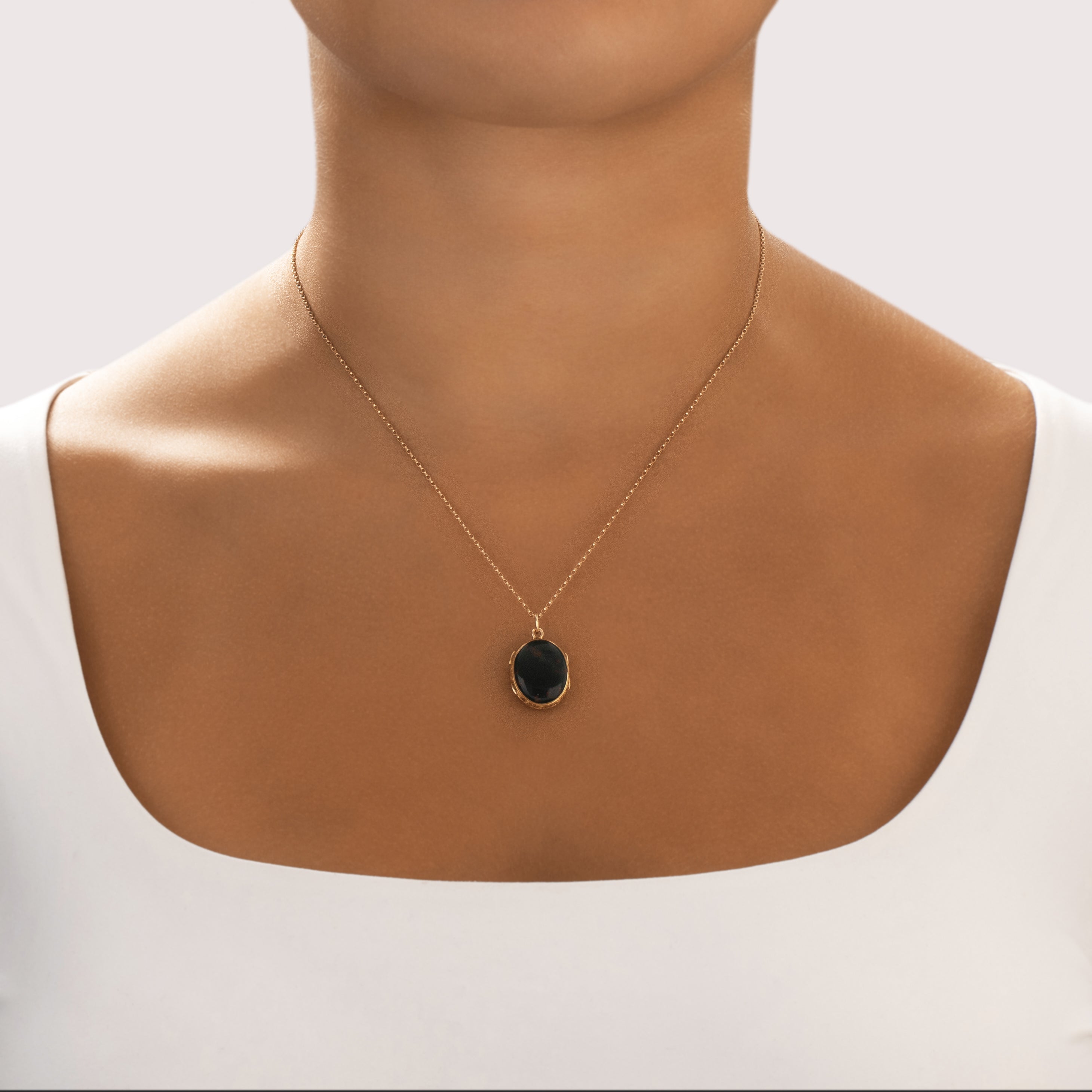 Antique Victorian 18k Yellow Gold 8.67cttw Bloodstone Striking Ornate Woven Hair Locket Pendant - On model view