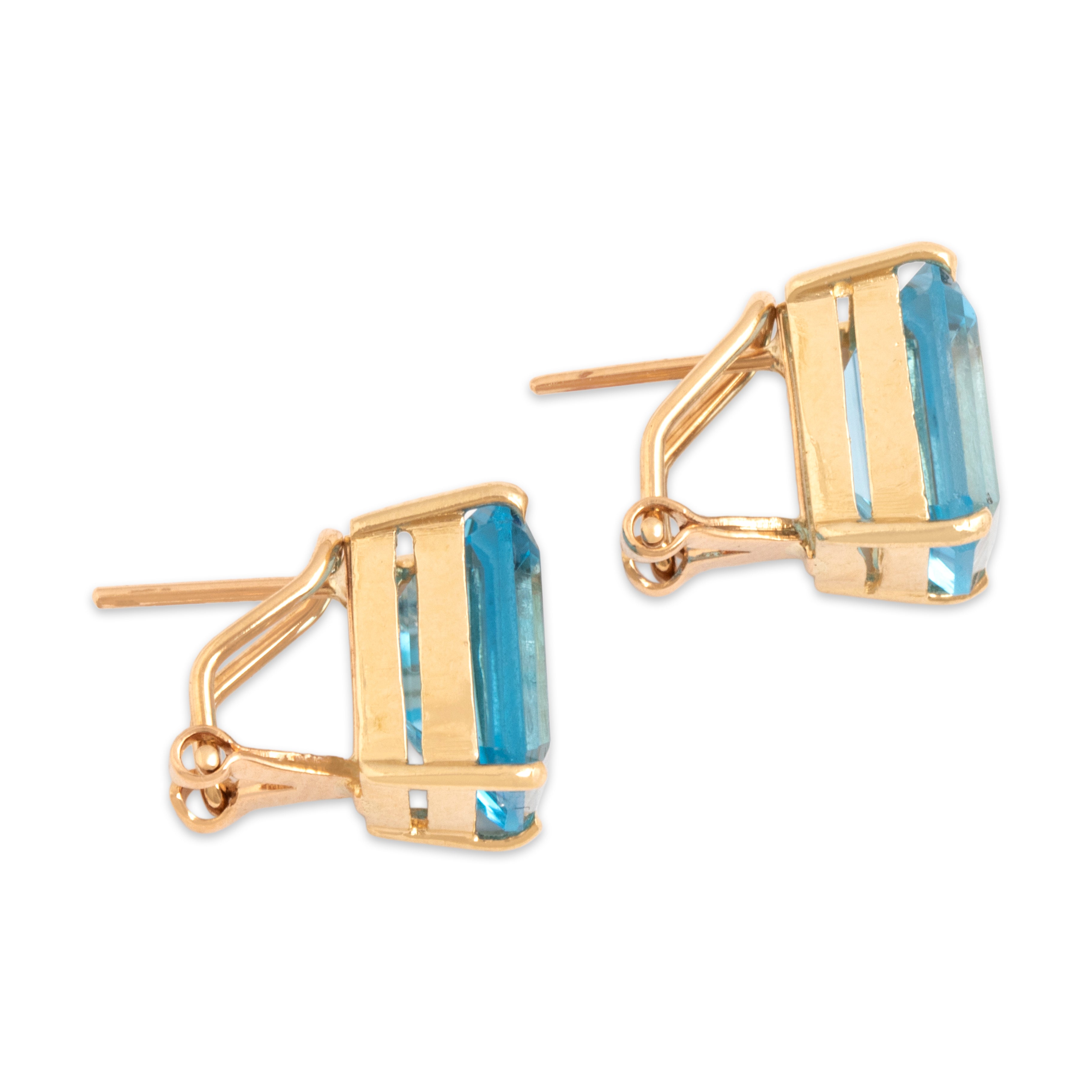 Vintage 14k Yellow Gold 8.37cttw Blue Topaz Vivid Solitaire Omega-Back Earrings - Side view