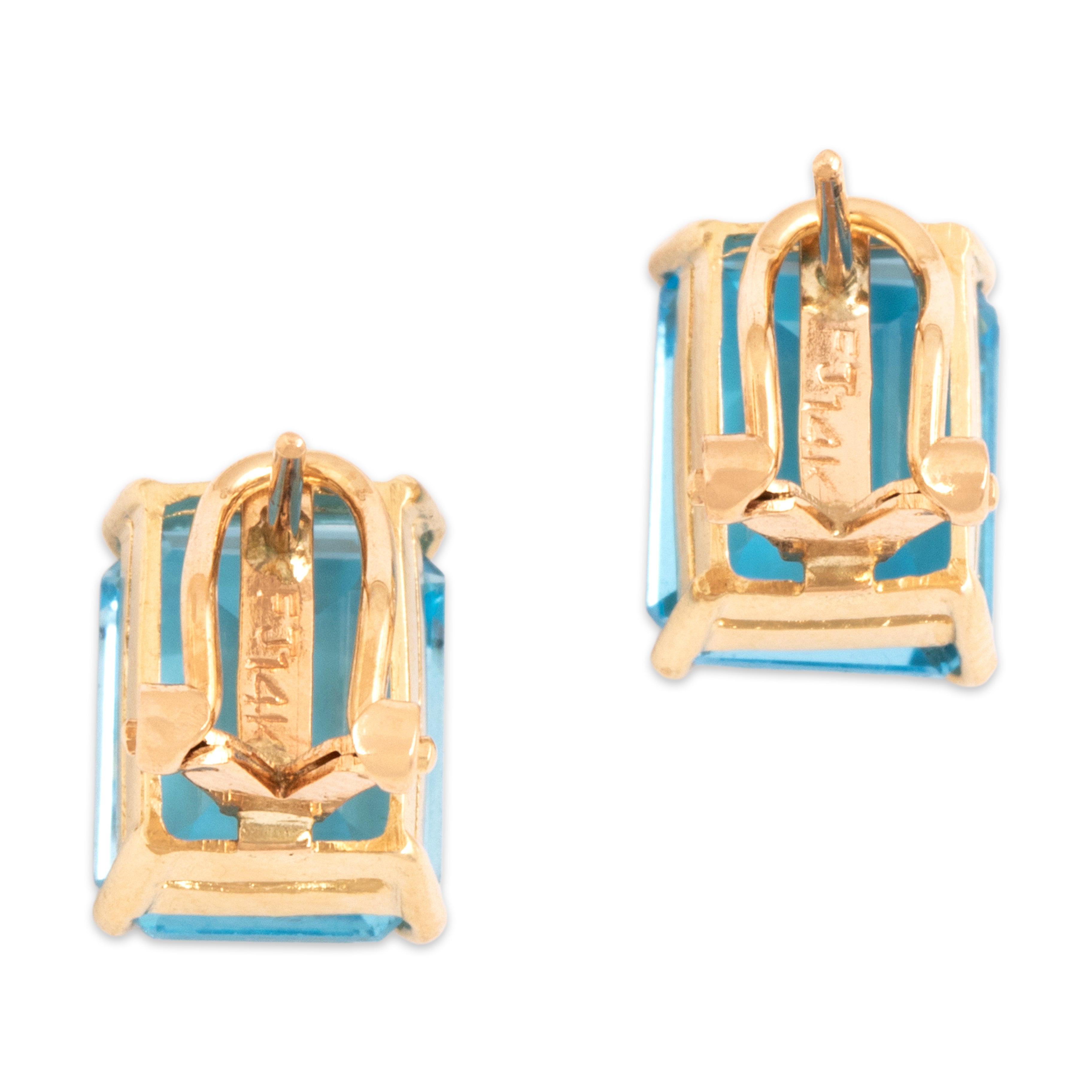 Vintage 14k Yellow Gold 8.37cttw Blue Topaz Vivid Solitaire Omega-Back Earrings - Back view