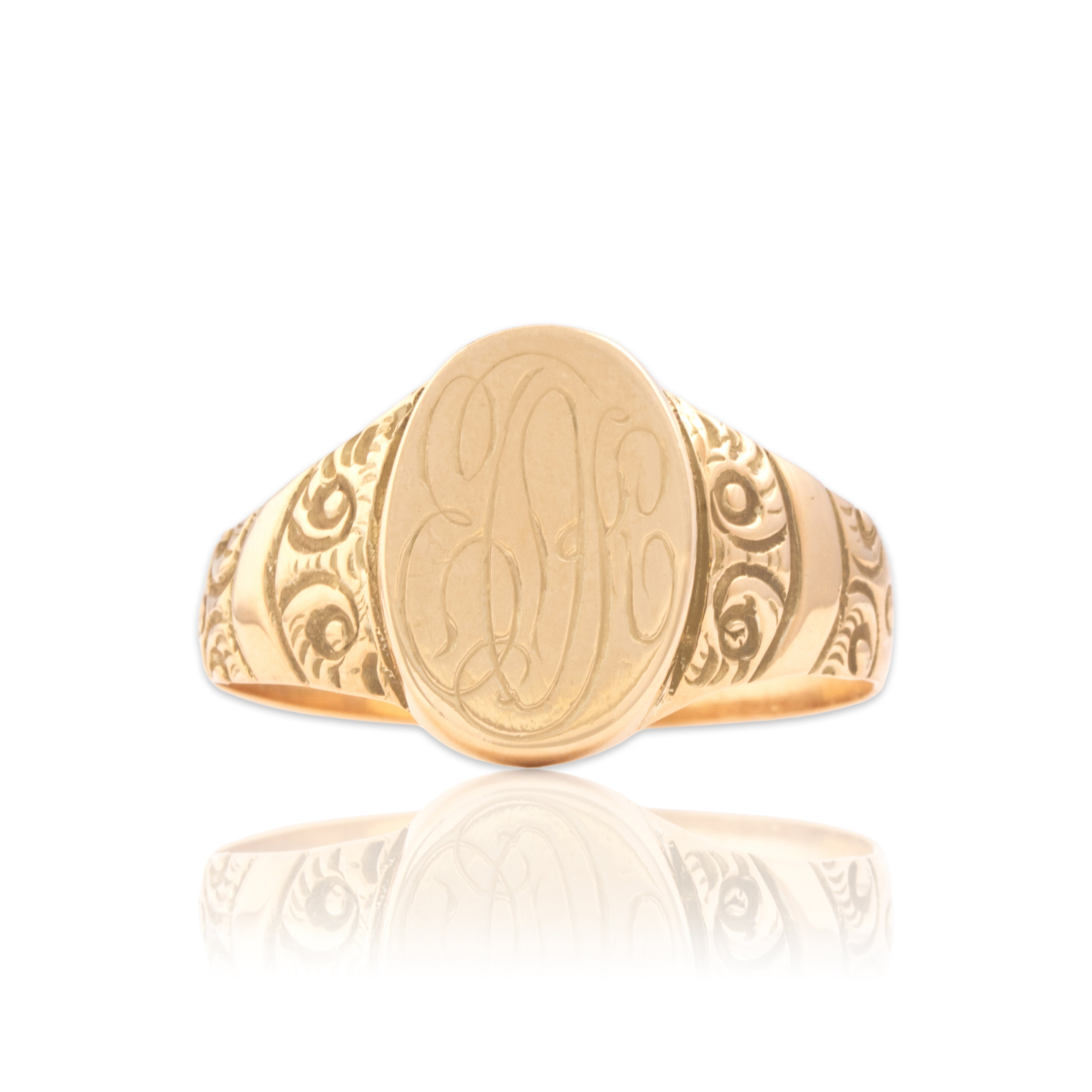 Antique 10k Yellow Gold Wonderful Decorated Engraved Monogram Signet Ring - Close-up view