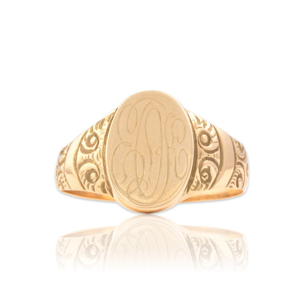 Antique 10k Yellow Gold Wonderful Decorated Engraved Monogram Signet Ring 10.75