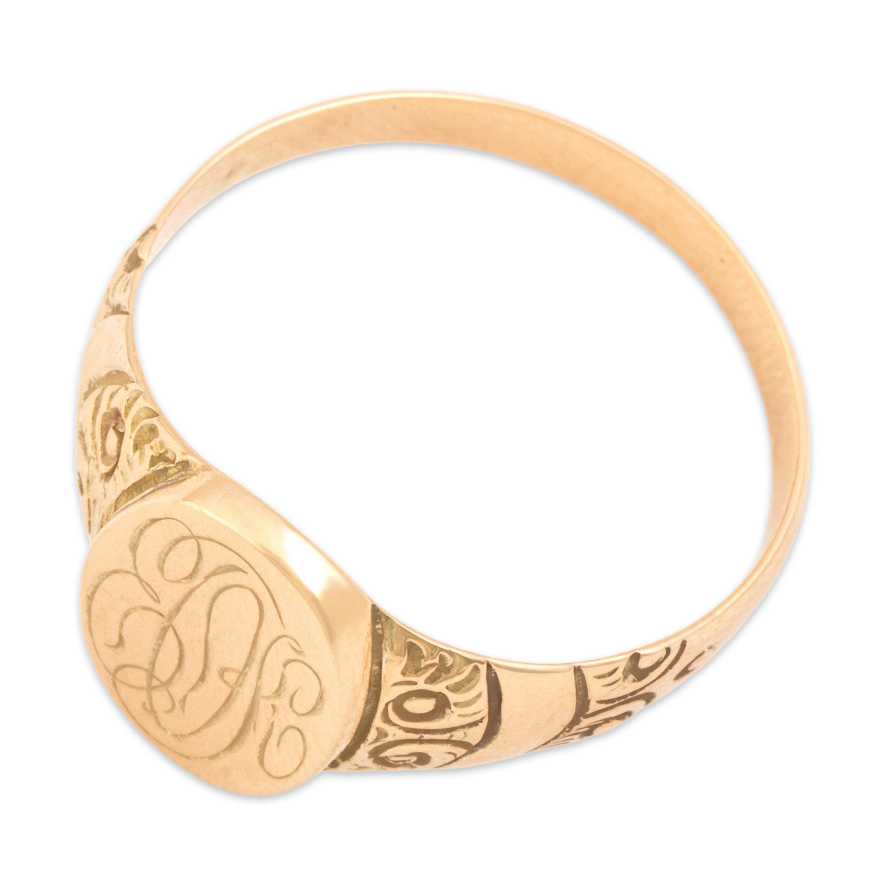 Antique 10k Yellow Gold Wonderful Decorated Engraved Monogram Signet Ring - Overall view