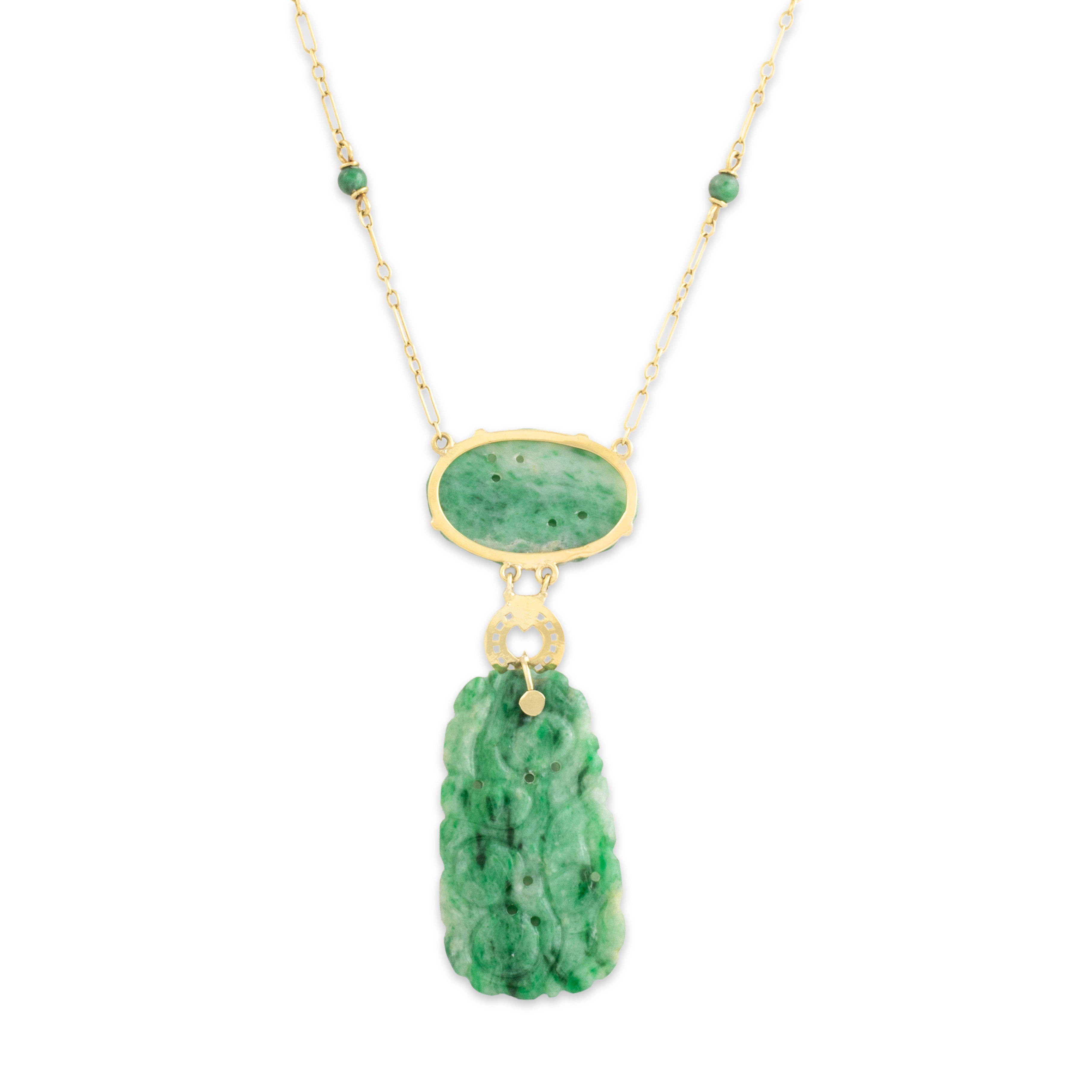 Antique 14k Yellow Gold Jade Variegated Carved Necklace - Back view