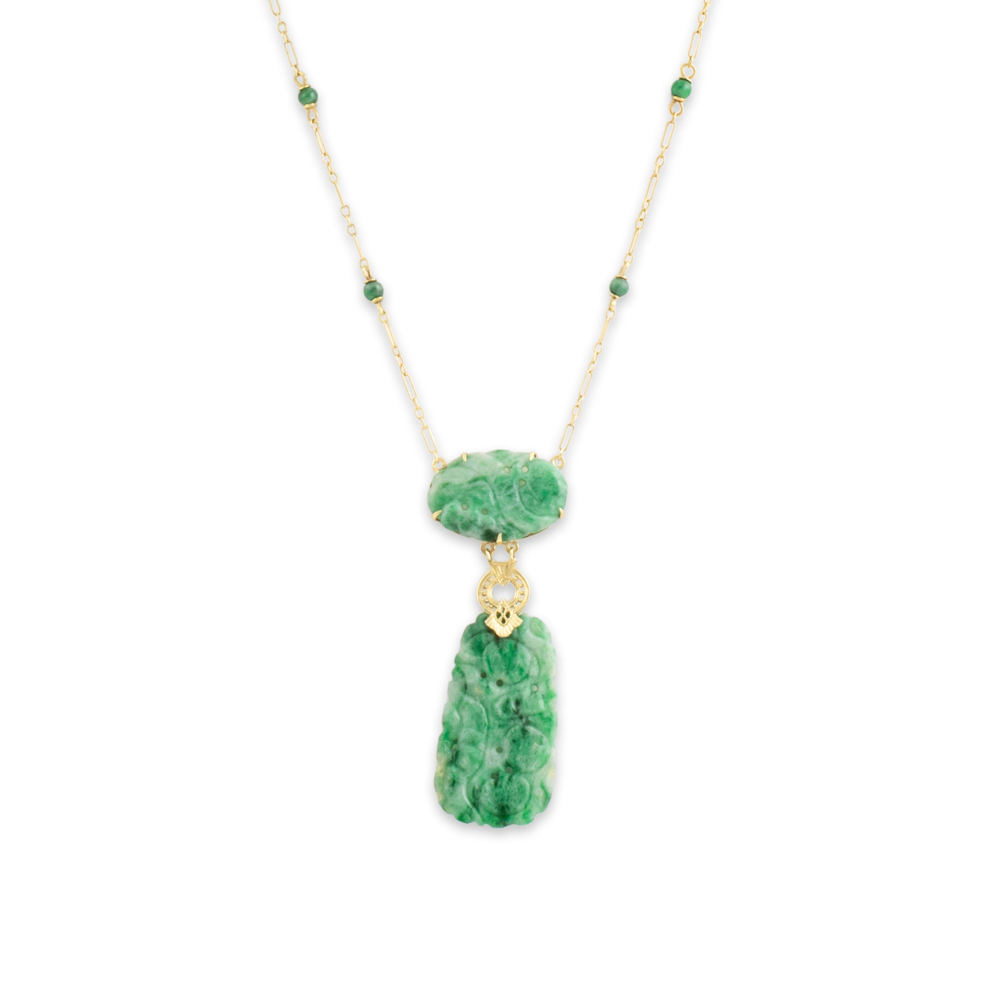 Antique 14k Yellow Gold Jade Variegated Carved Necklace 16