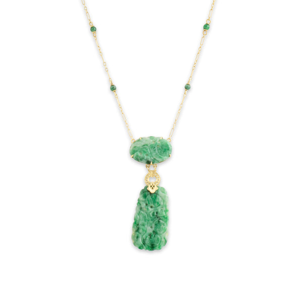 Antique 14k Yellow Gold Jade Variegated Carved Necklace 16