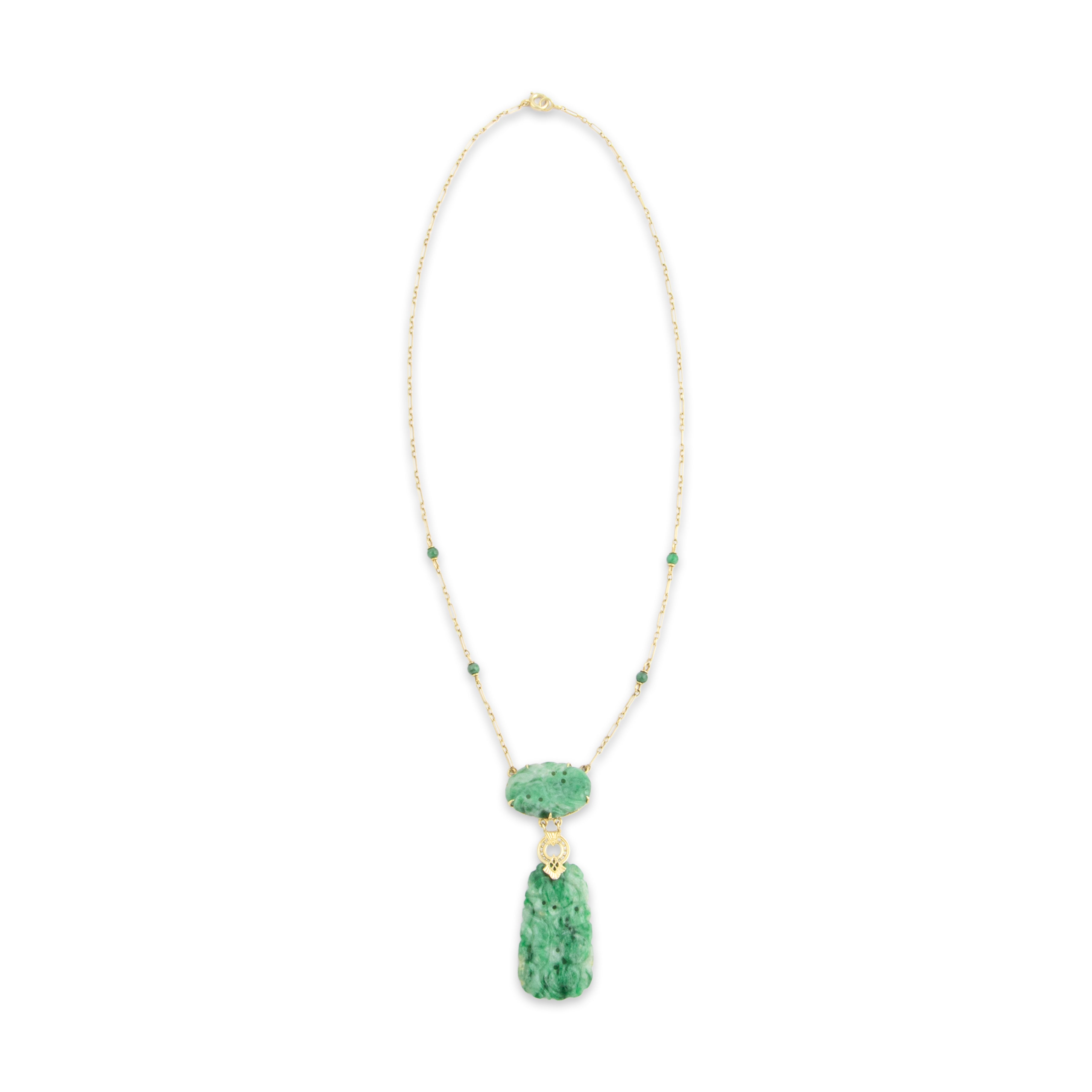 Antique 14k Yellow Gold Jade Variegated Carved Necklace - Overall view