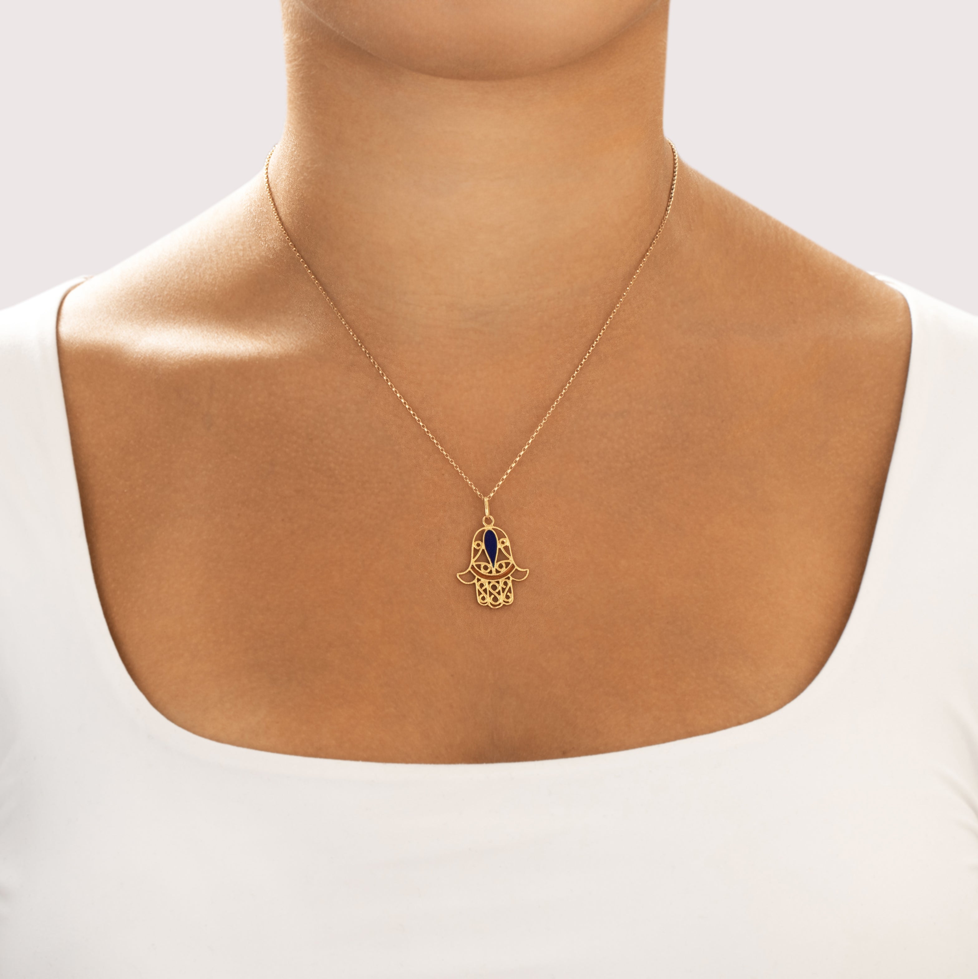 Vintage 18k Yellow Gold Milgrain Enamel Hamsa Charm / Pendant - On model view