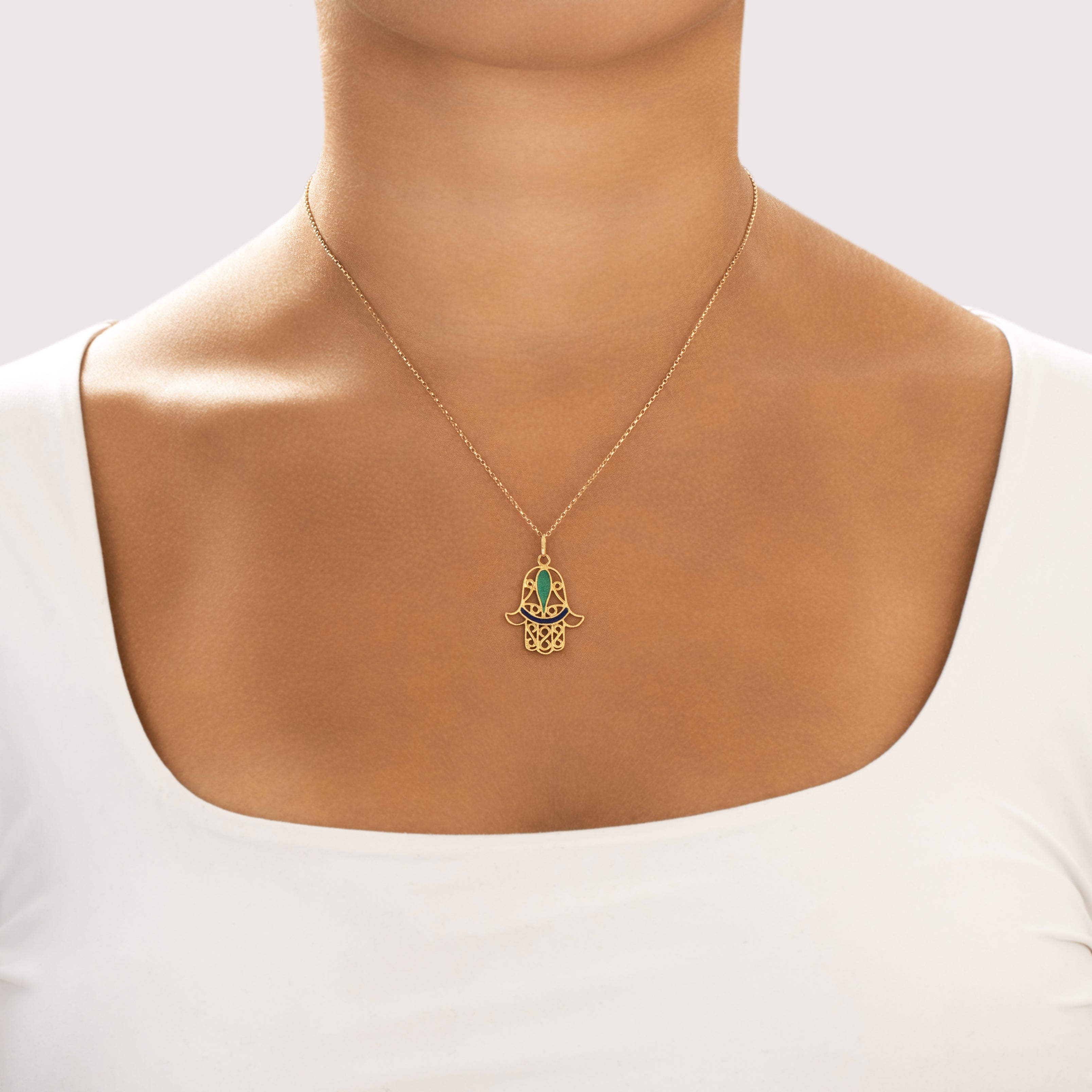Vintage 18k Yellow Gold Milgrain Enamel Hamsa Charm / Pendant - On model view