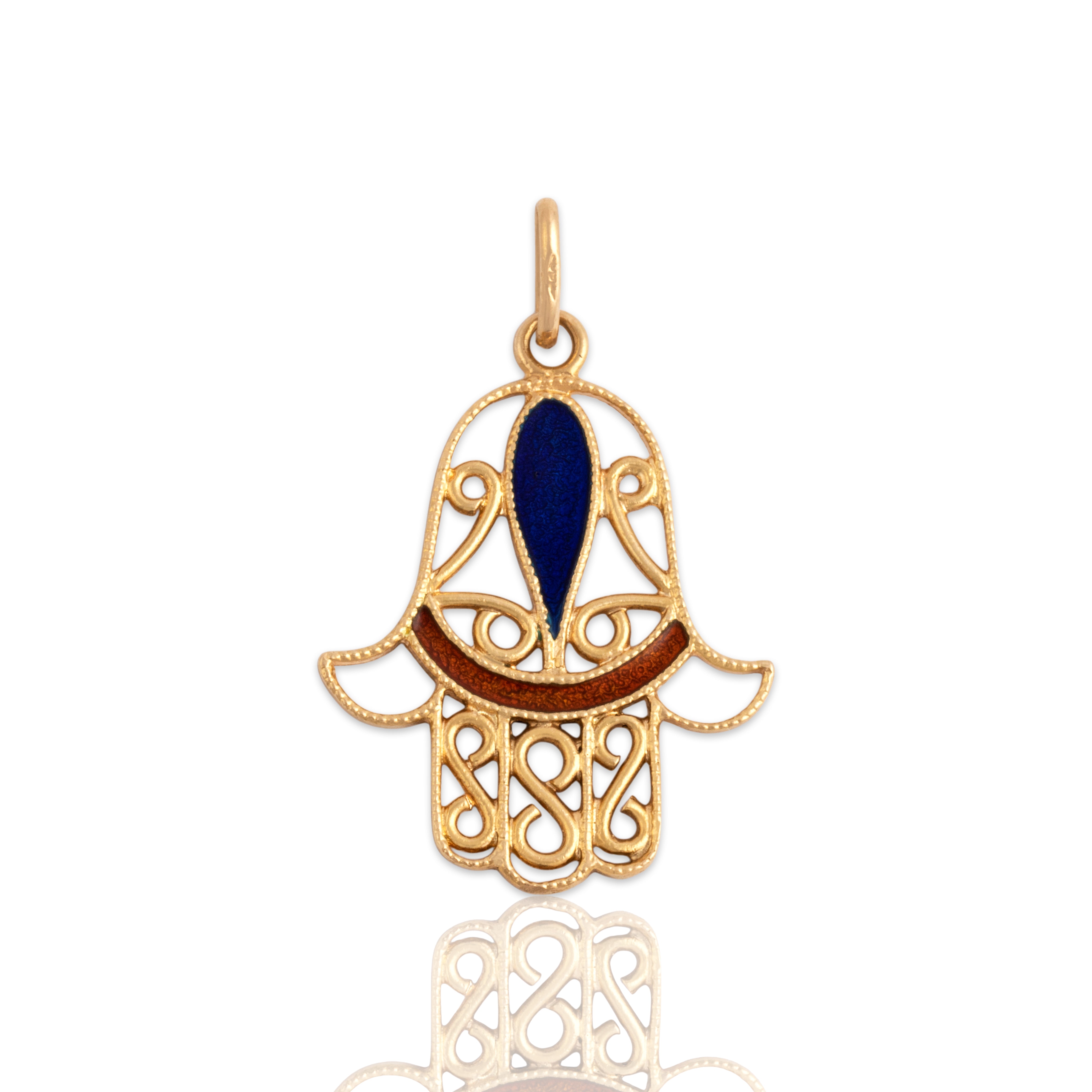 Vintage 18k Yellow Gold Milgrain Enamel Hamsa Charm / Pendant - Close-up view