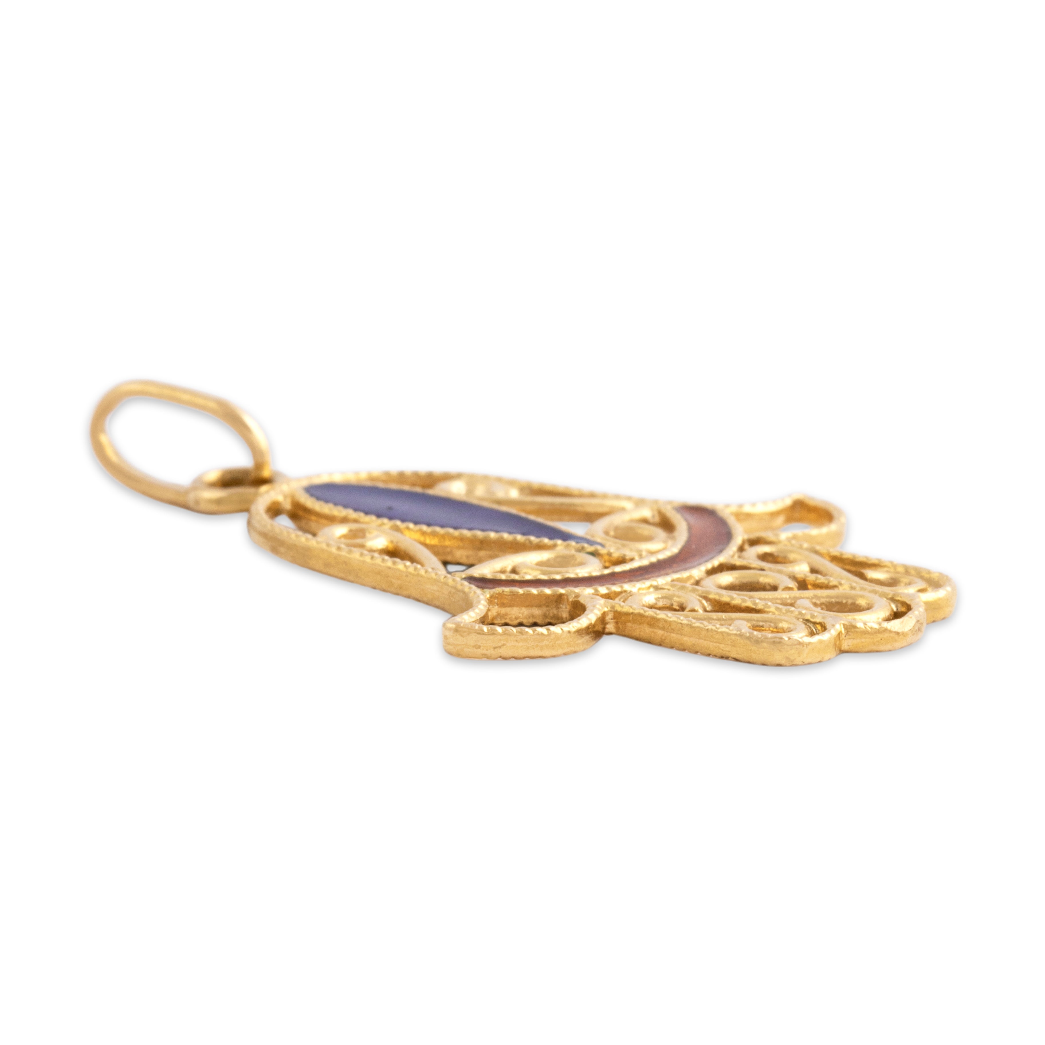 Vintage 18k Yellow Gold Milgrain Enamel Hamsa Charm / Pendant - Side view