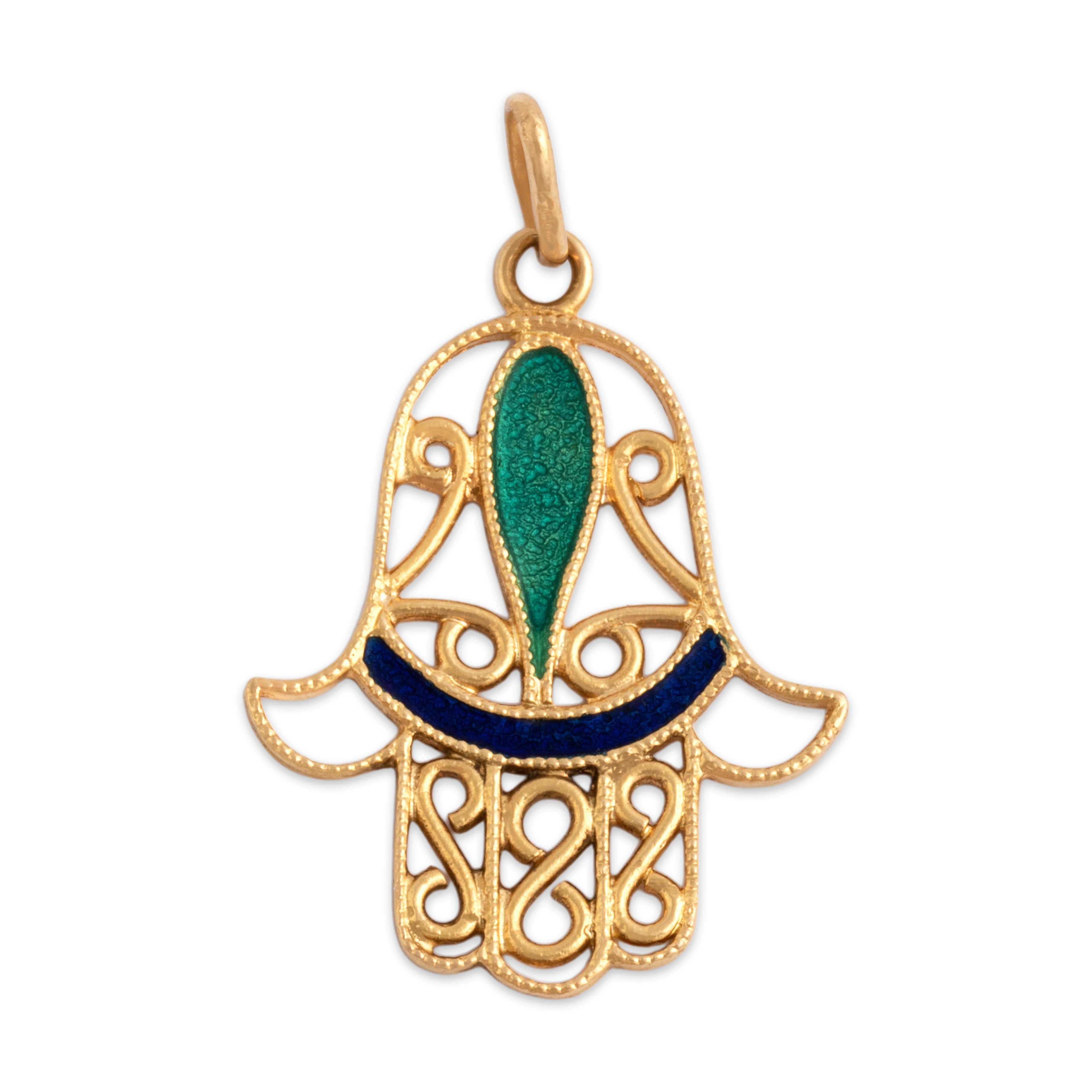 Vintage 18k Yellow Gold Milgrain Enamel Hamsa Charm / Pendant - Overall view