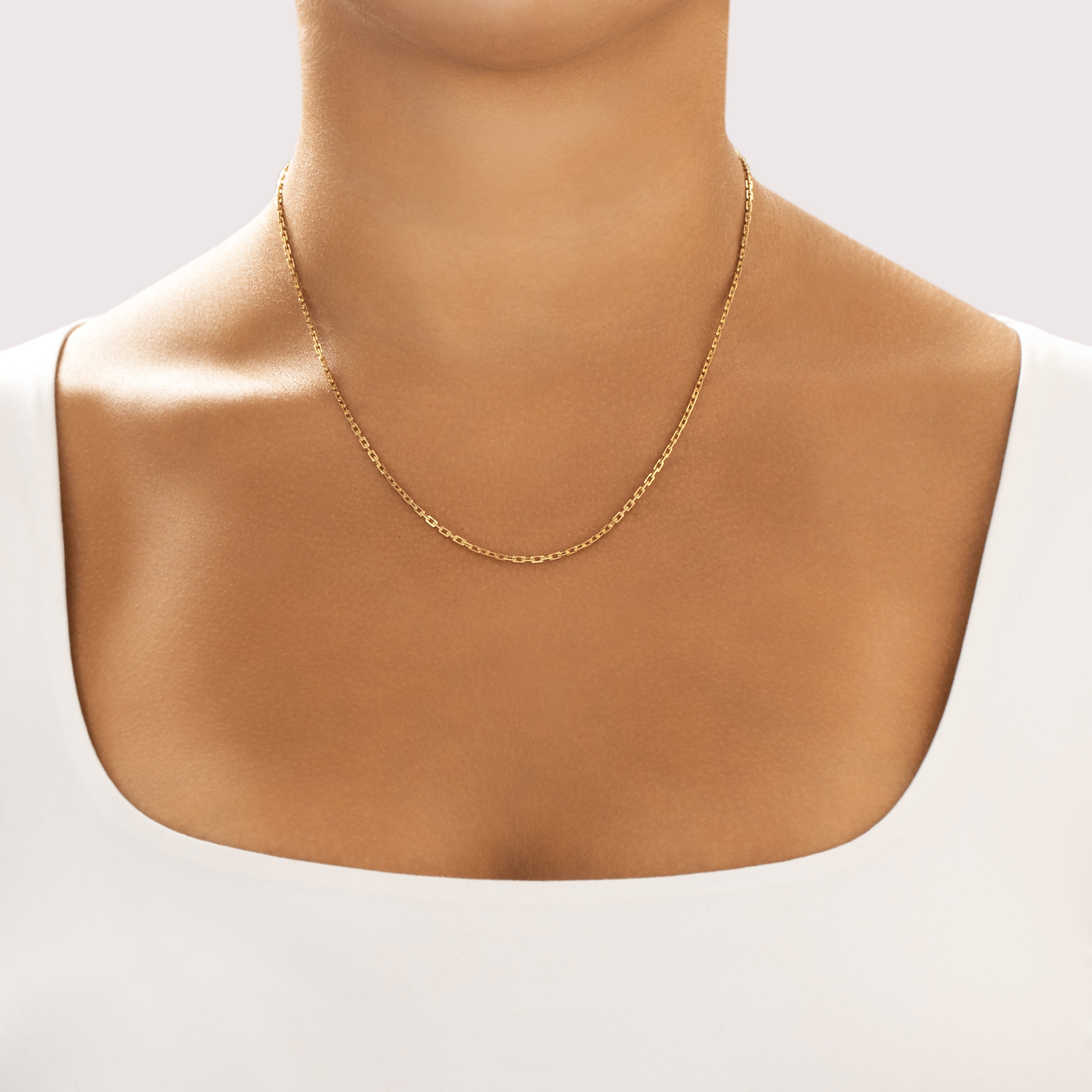 Vintage Italian 18k Yellow Gold 1.7mm Sleek Rectangular Cable Chain - On model view