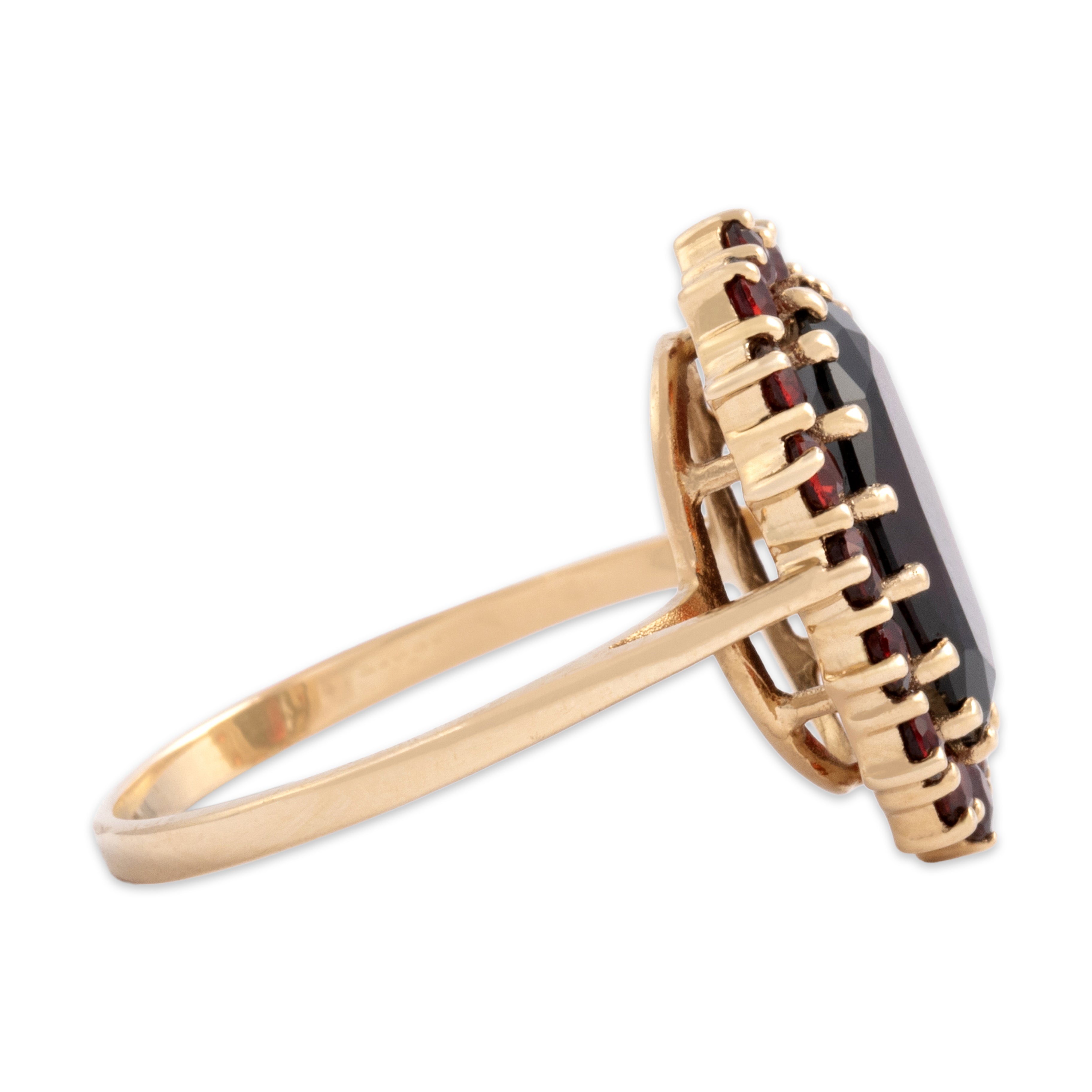 Vintage 10k Yellow Gold 3.89cttw Garnet Wonderful Elongated Oval Halo Ring - Side view