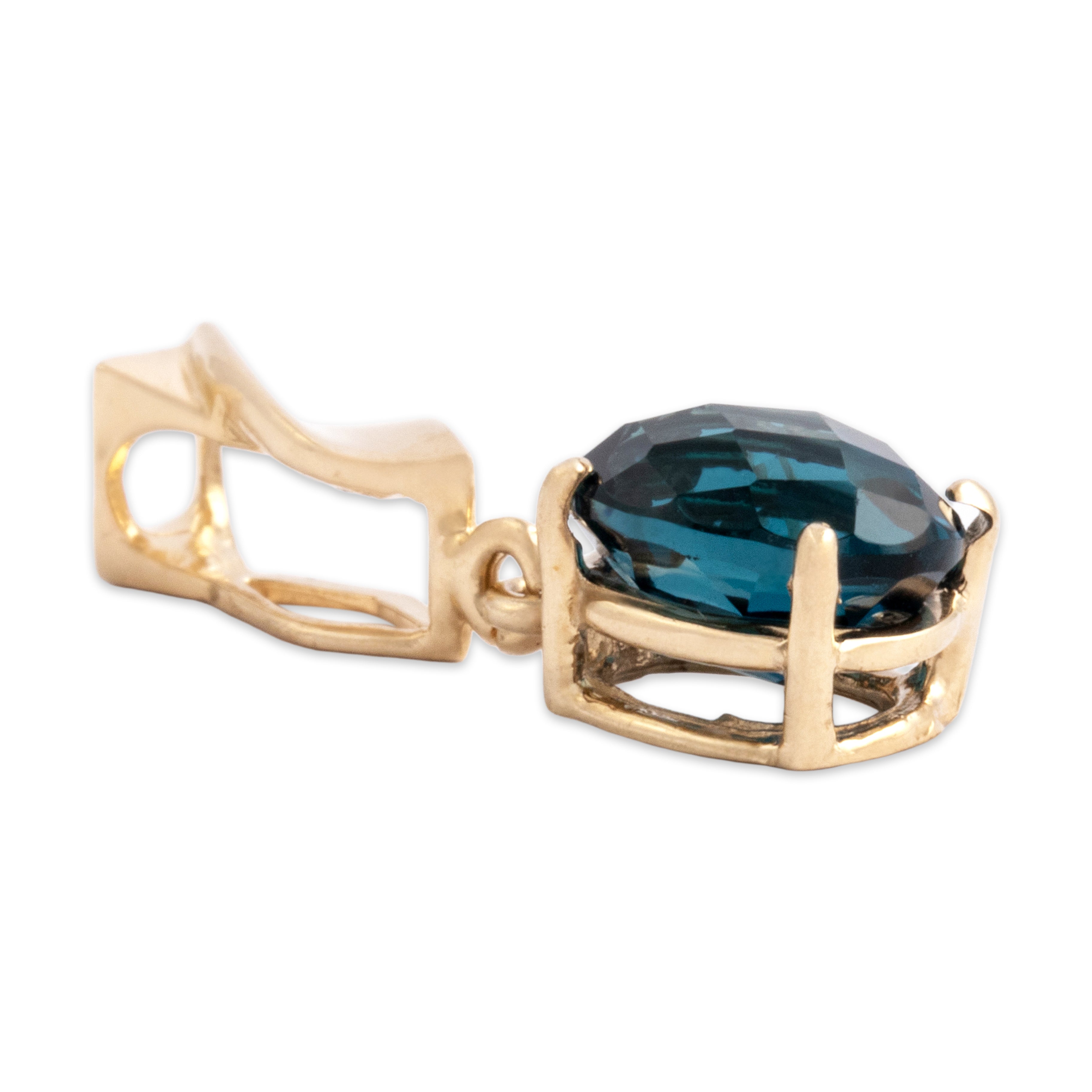 Vintage 14k & 10k Yellow Gold 2.73ct London Blue Topaz Checkerboard Solitaire Twist Dangle Pendant - Side view