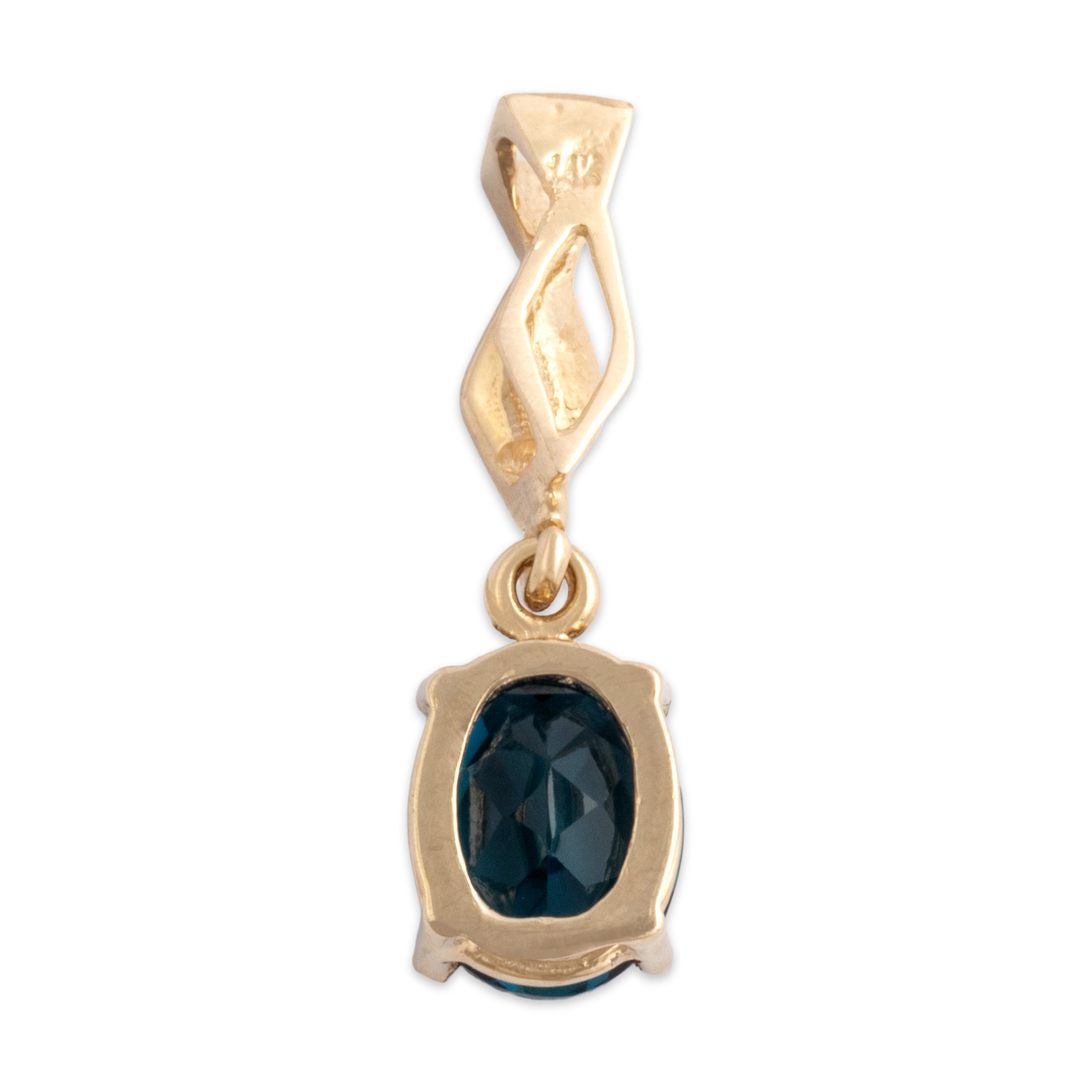 Vintage 14k & 10k Yellow Gold 2.73ct London Blue Topaz Checkerboard Solitaire Twist Dangle Pendant - Back view