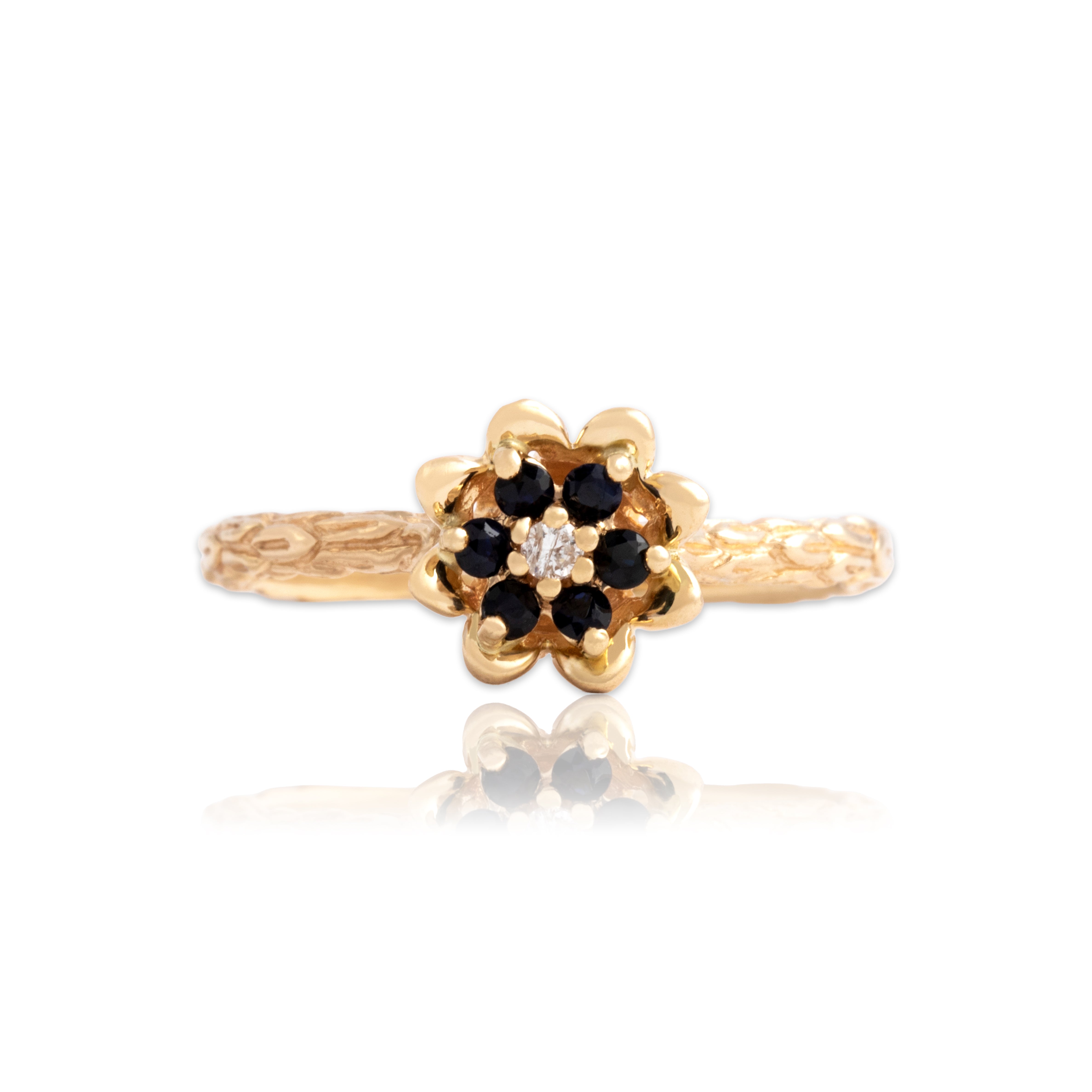 Vintage 14k Yellow Gold Blue Sapphire Diamond Blossoming Carved Flower Ring - Close-up view