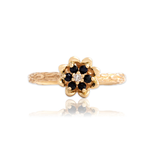 Vintage 14k Yellow Gold Blue Sapphire Diamond Blossoming Carved Flower Ring 8.00