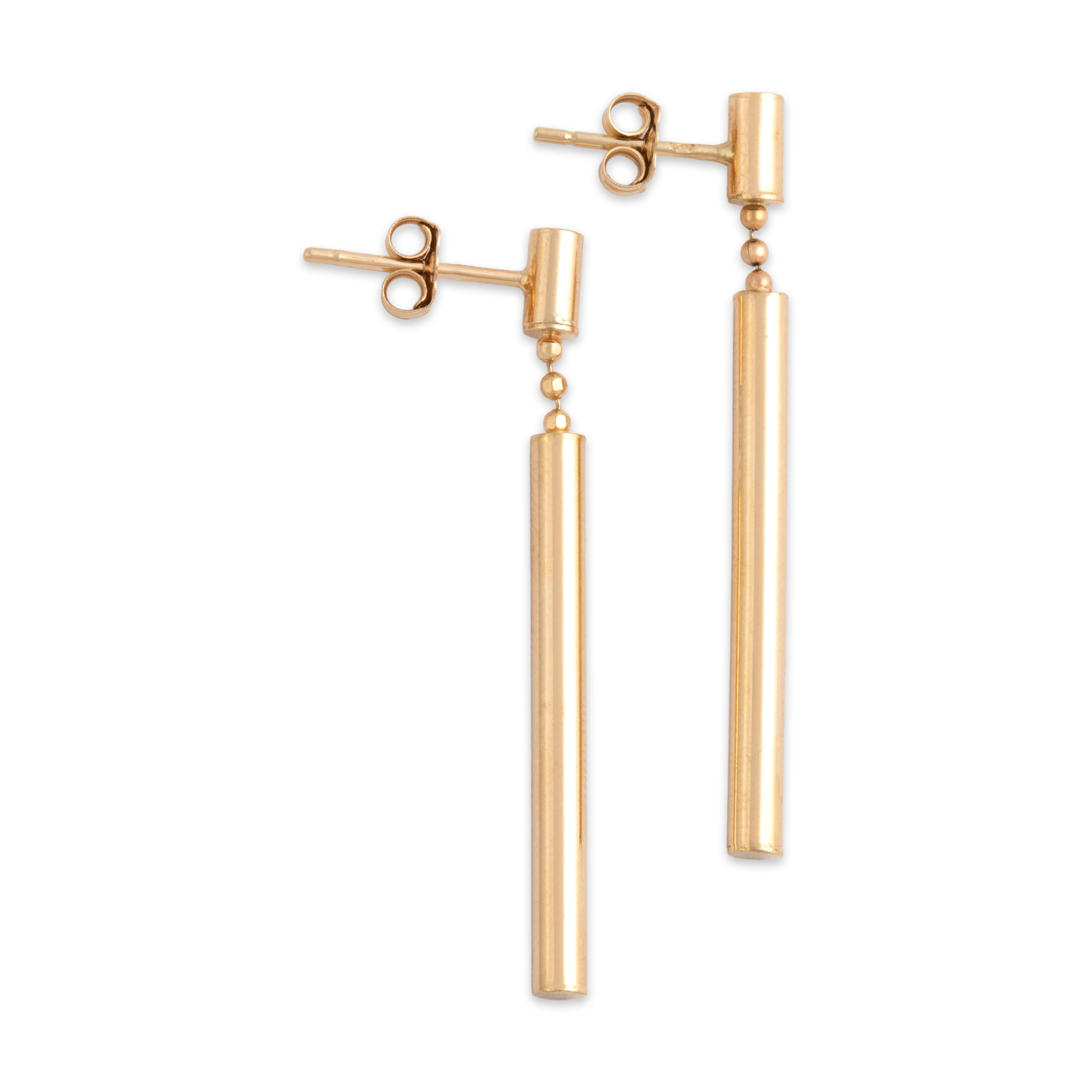 Vintage 14k Yellow Gold Sleek Tubal Dangle Earrings - Side view