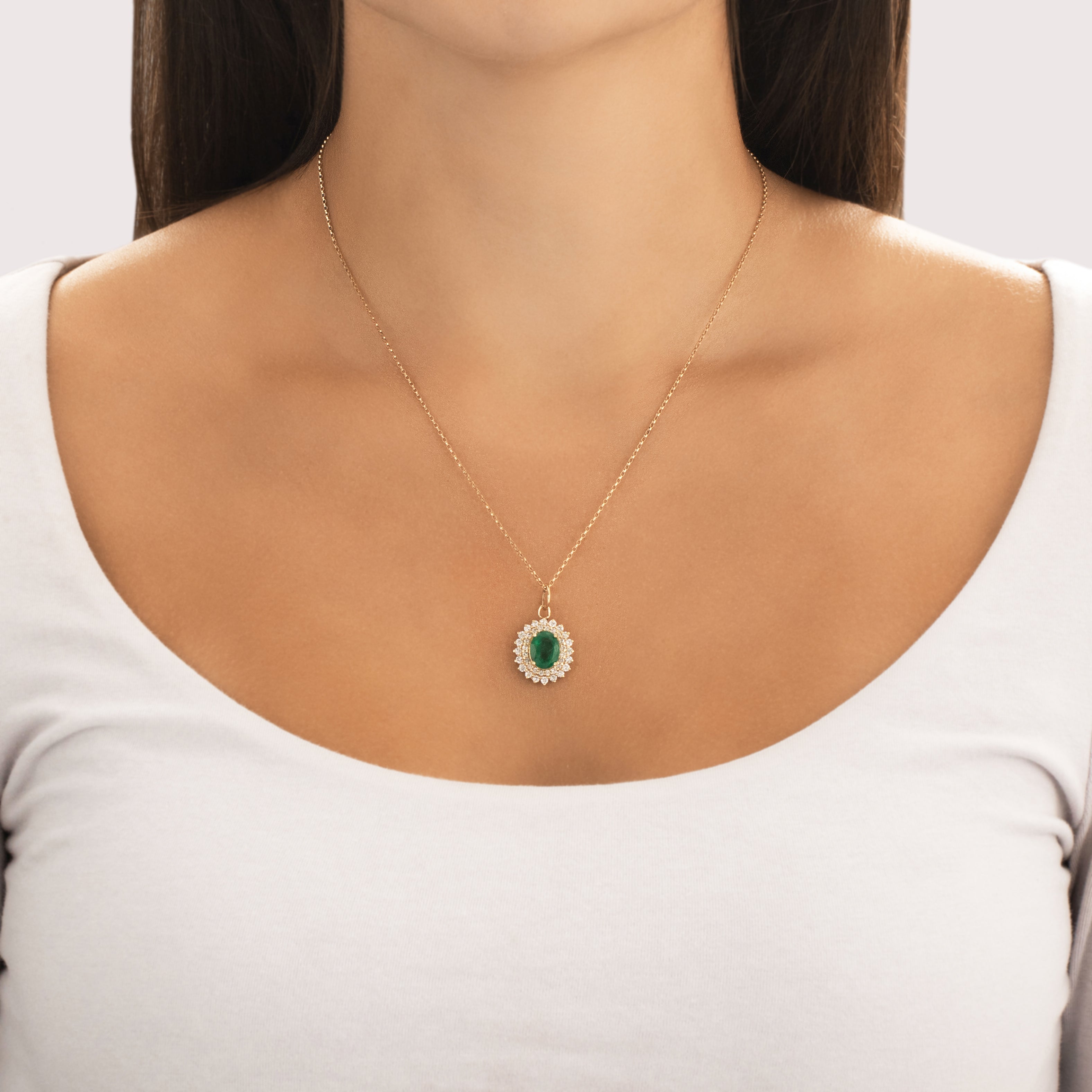 Vintage 14k Yellow Gold 2.19ct Emerald .62cttw Diamond Dazzling Double Halo Pendant - On model view
