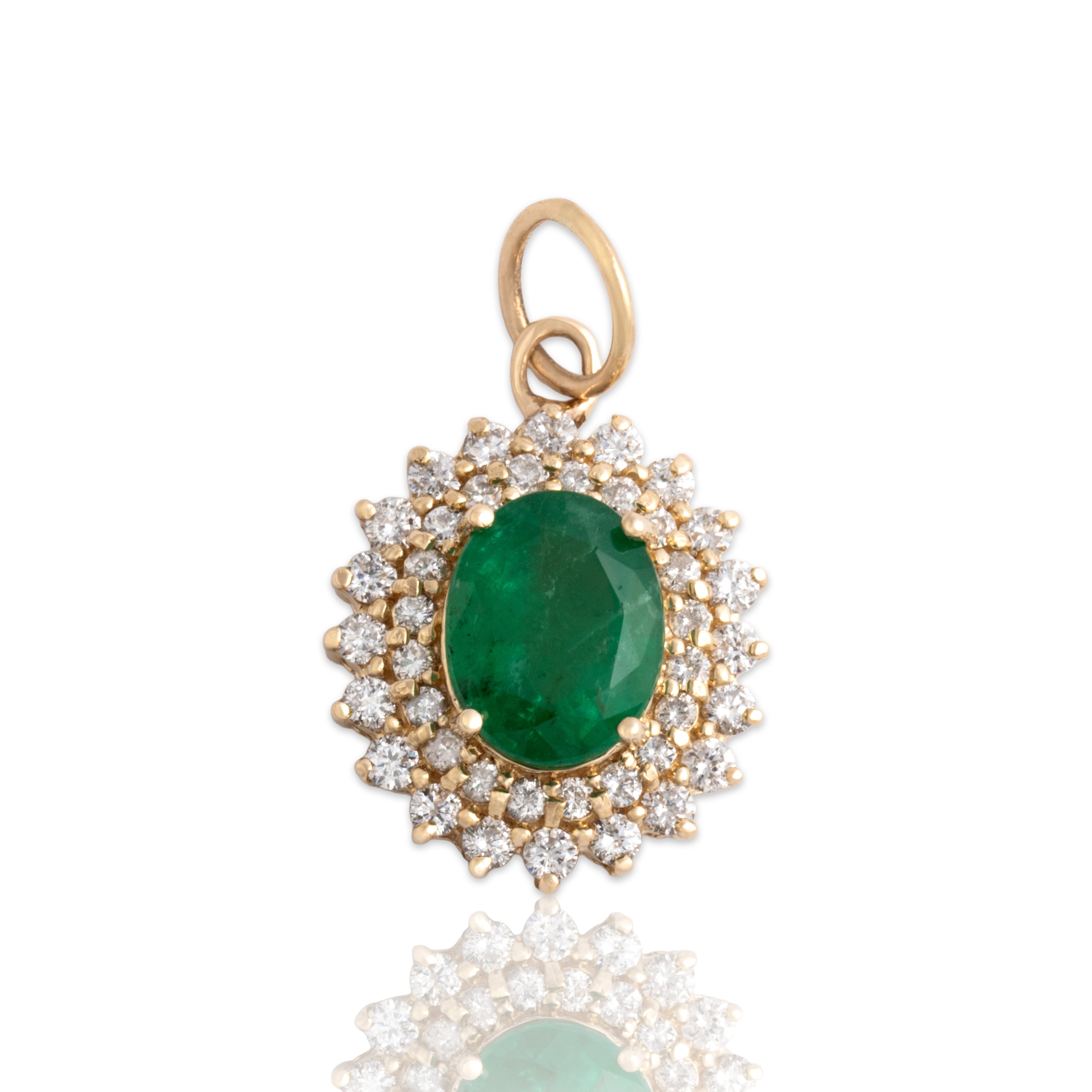 Vintage 14k Yellow Gold 2.19ct Emerald .62cttw Diamond Dazzling Double Halo Pendant - Close-up view