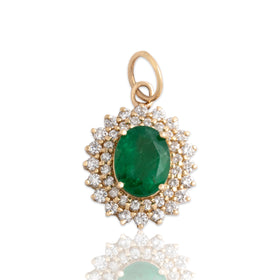 Vintage 14k Yellow Gold 2.19ct Emerald .62cttw Diamond Double Halo Pendant