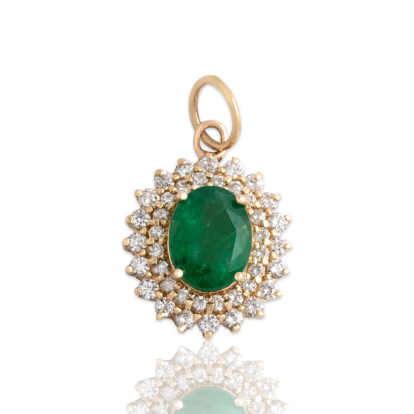 Vintage 14k Yellow Gold 2.19ct Emerald .62cttw Diamond Double Halo Pendant