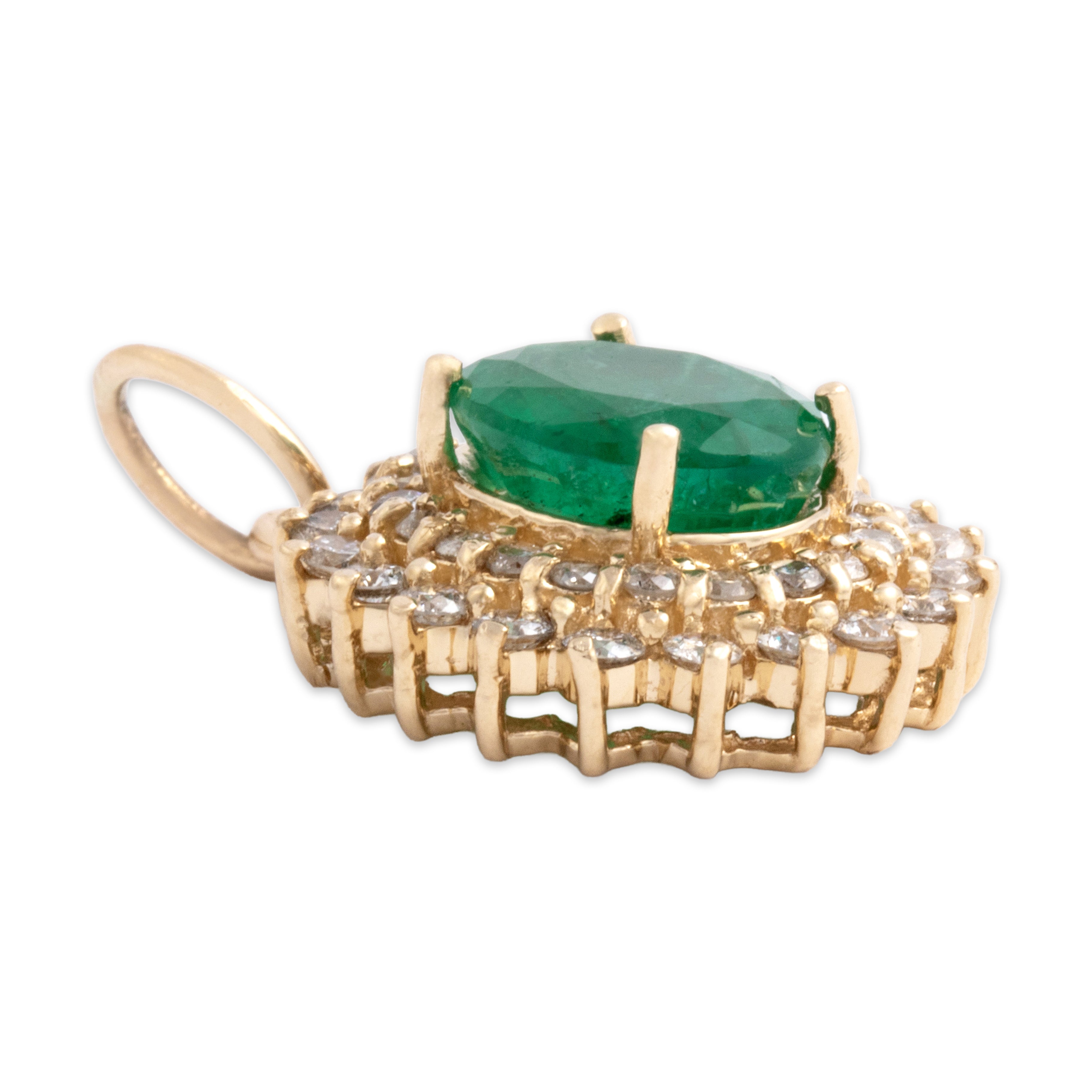 Vintage 14k Yellow Gold 2.19ct Emerald .62cttw Diamond Dazzling Double Halo Pendant - Side view