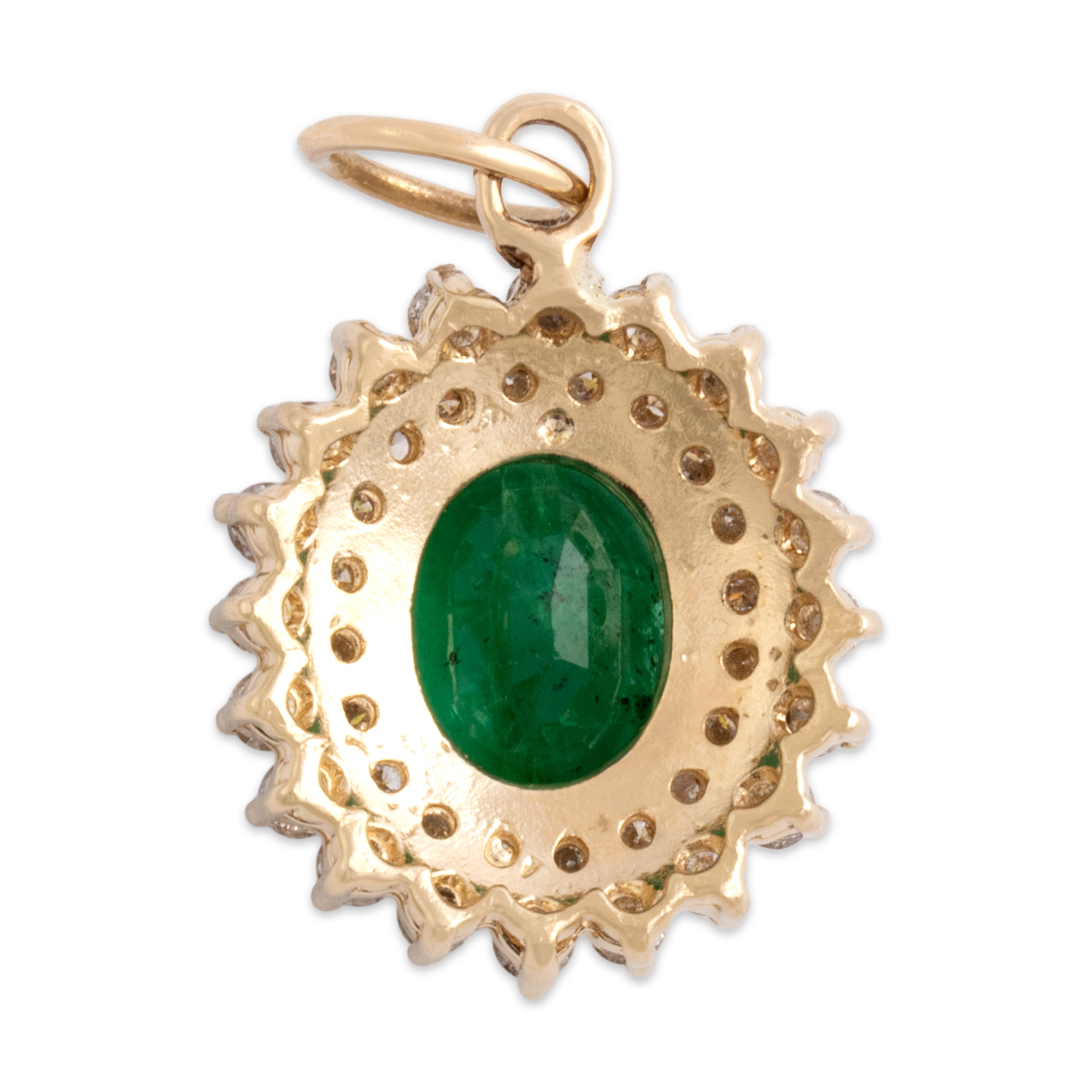 Vintage 14k Yellow Gold 2.19ct Emerald .62cttw Diamond Dazzling Double Halo Pendant - Back view