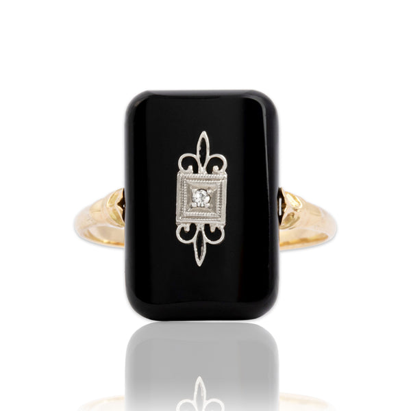 Antique 10k Yellow & White Gold 6.32ct Onyx Diamond Gleaming Decorated Ring 9.50
