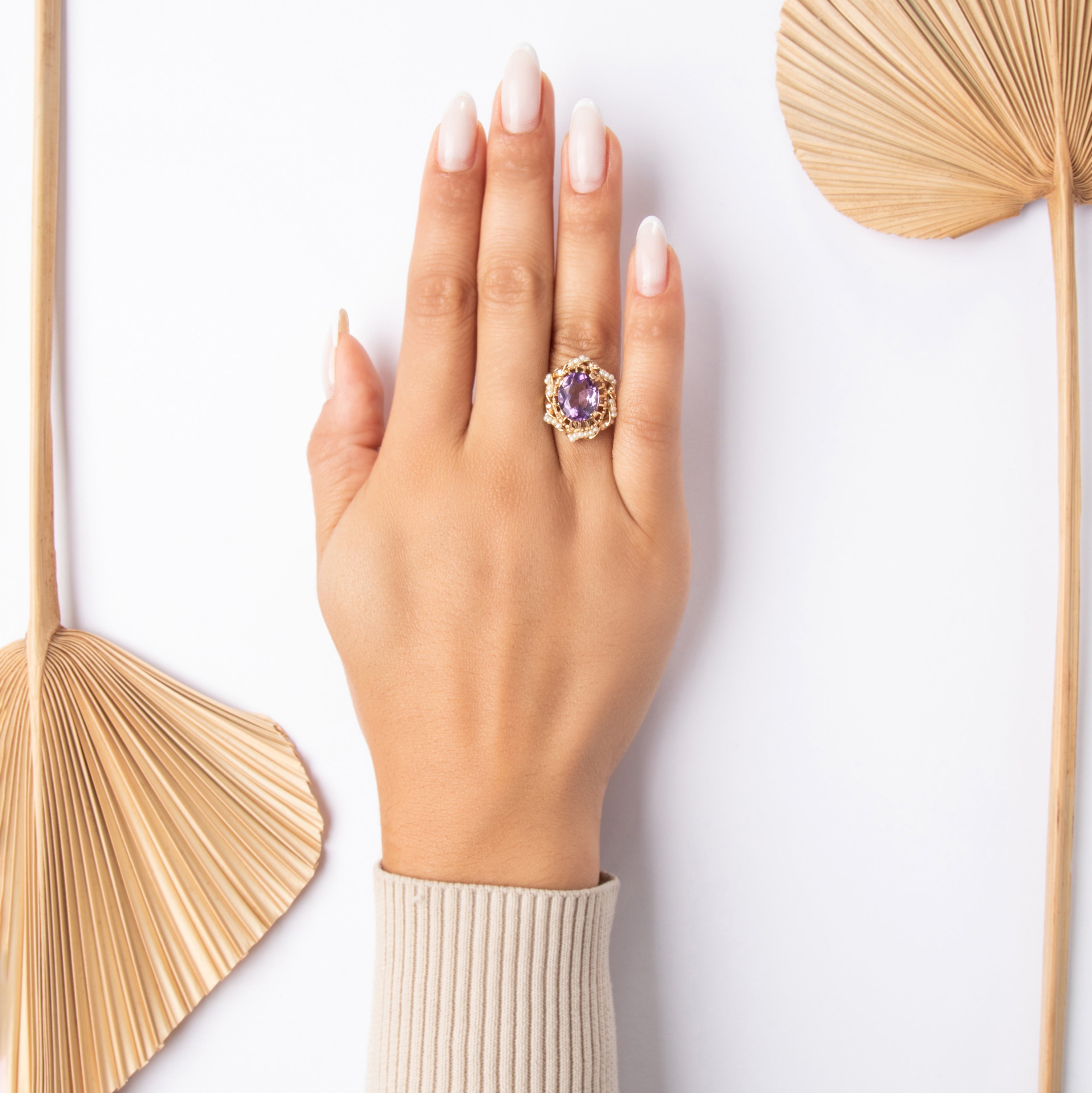 Vintage 14k Yellow Gold 3.95ct Amethyst Seed Pearl Wonderful Ribbon Adorned Cocktail Ring - On model view