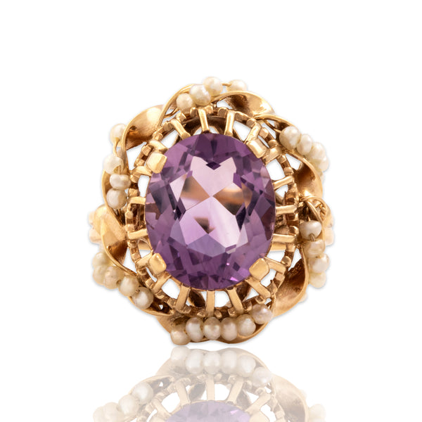 Vintage 14k Yellow Gold 3.95ct Amethyst Seed Pearl Ribbon Cocktail Ring 7.75